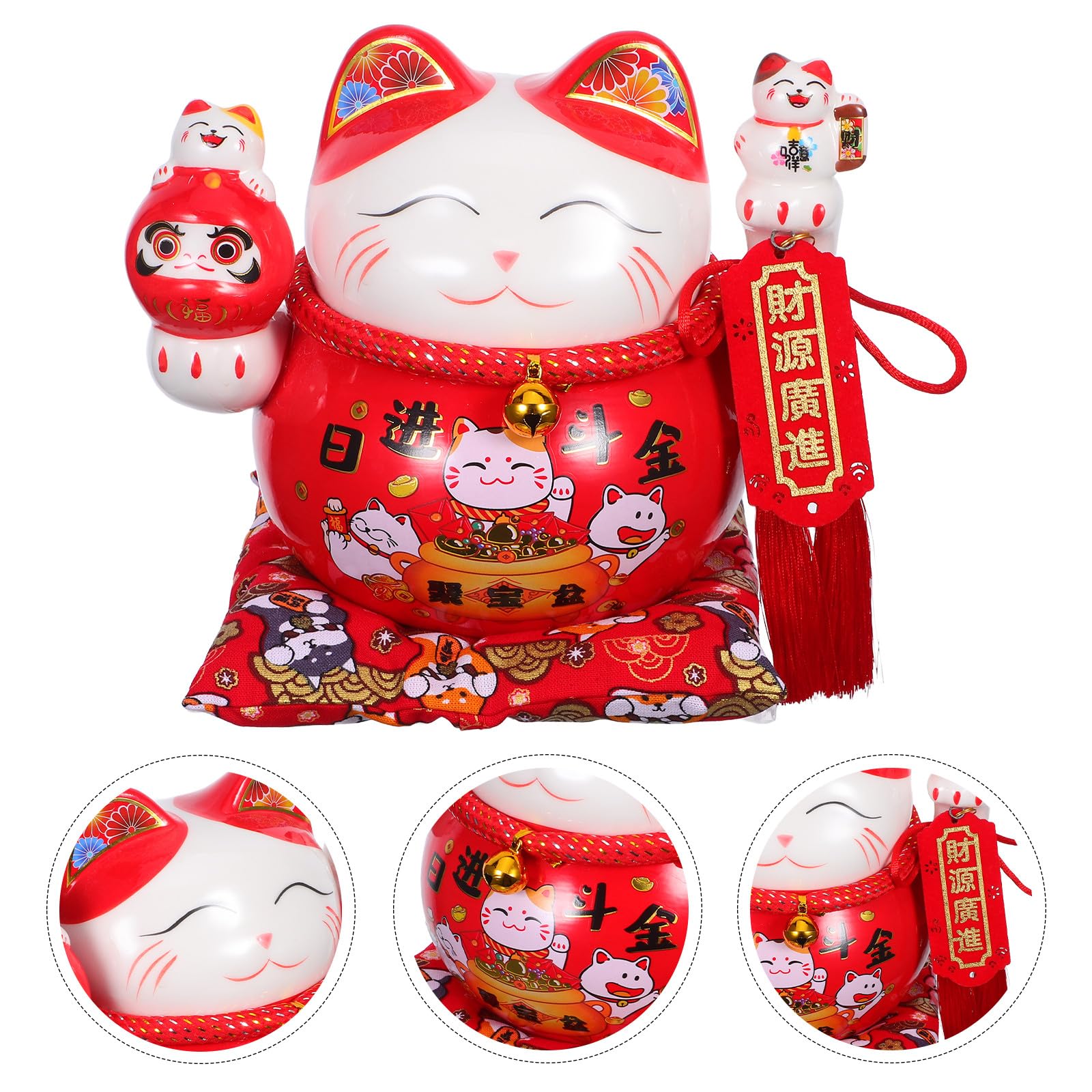 Keramik Spardose Maneki Neko Glückskatze Feng Shui Münzbehälter Tischdeko Rot Kompakt