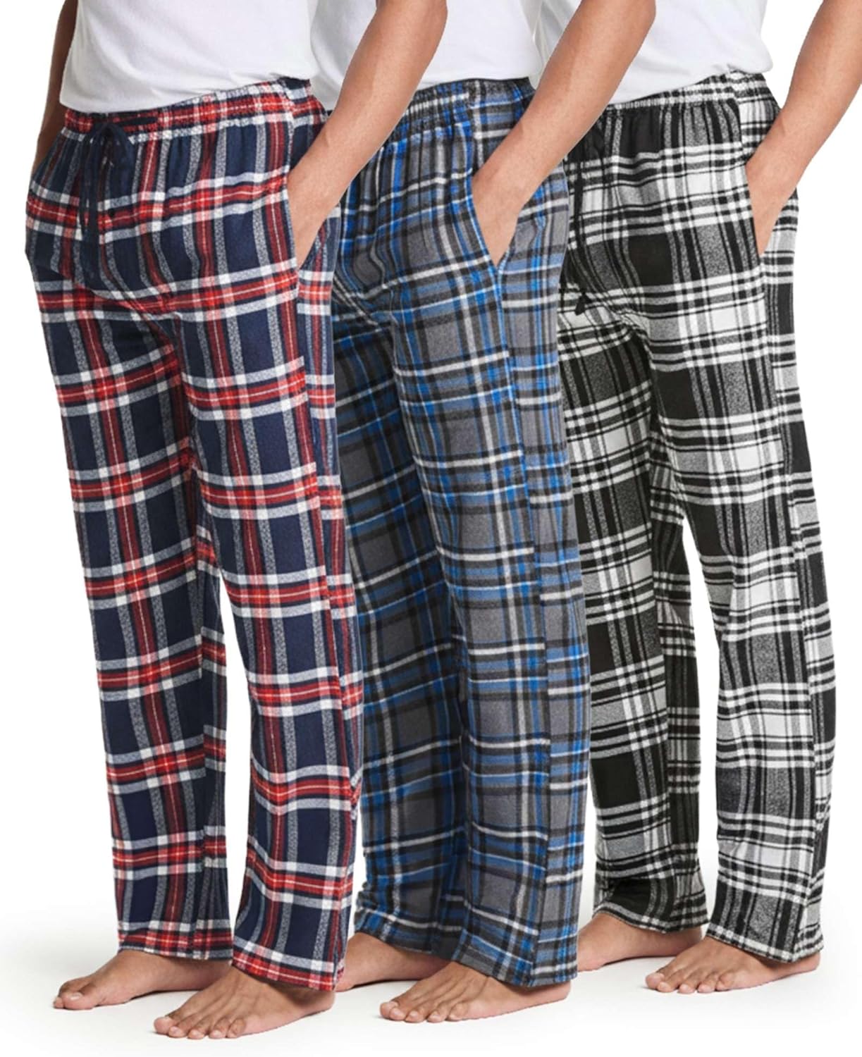 Real Essentials 3 Pack: Men's Flannel & Cotton Pajama Pants - Lounge Sleep PJ Plaid Bottoms w/Pockets (Big & Tall Available)