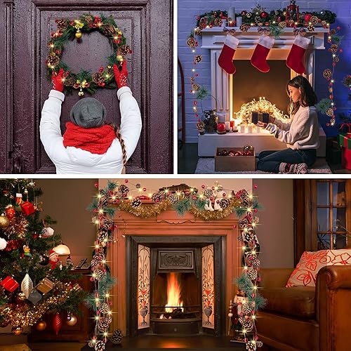 Miniatura 10 de Guirnalda de luces artificiales de Navidad de 5.9 pies con 162 bayas rojas nevadas, 55 hojas verdes, 20 luces LED, funciona con pilas para