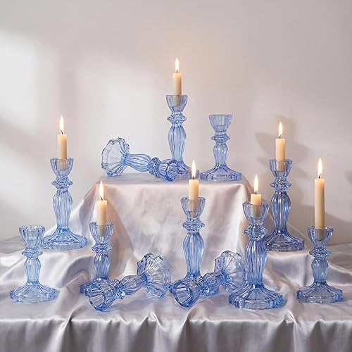 Miniatura 10 de Juego de 24 portavelas de vidrio de 4.3/6.1 pulgadas, portavelas a rayas cónicas a granel con forma floral de cristal, candelabro, centro de mesa