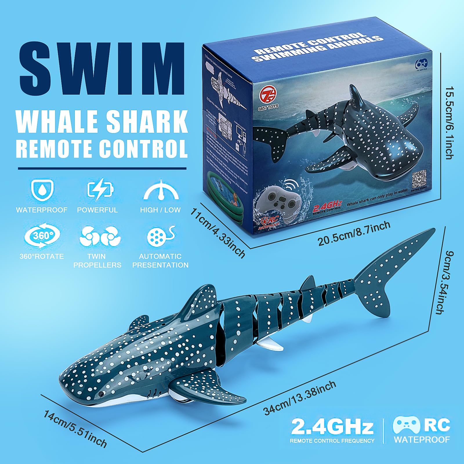 Giocattolo a forma di squalo radiocomandato, 2,4 GHz, per piscina, impermeabile, 4 canali, regalo per bambini dai 6 anni in su