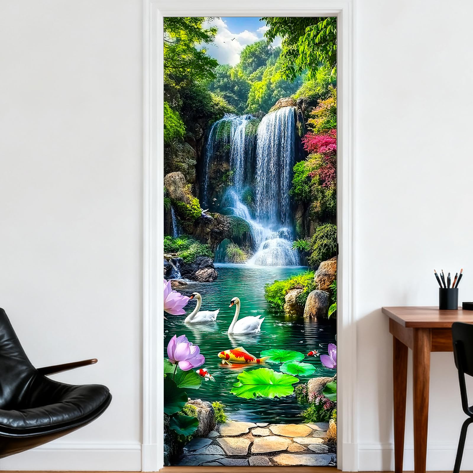 Nuxovilar Swan Pond Door Stickers Peel Stick PVC 30.3x78.7 Inches