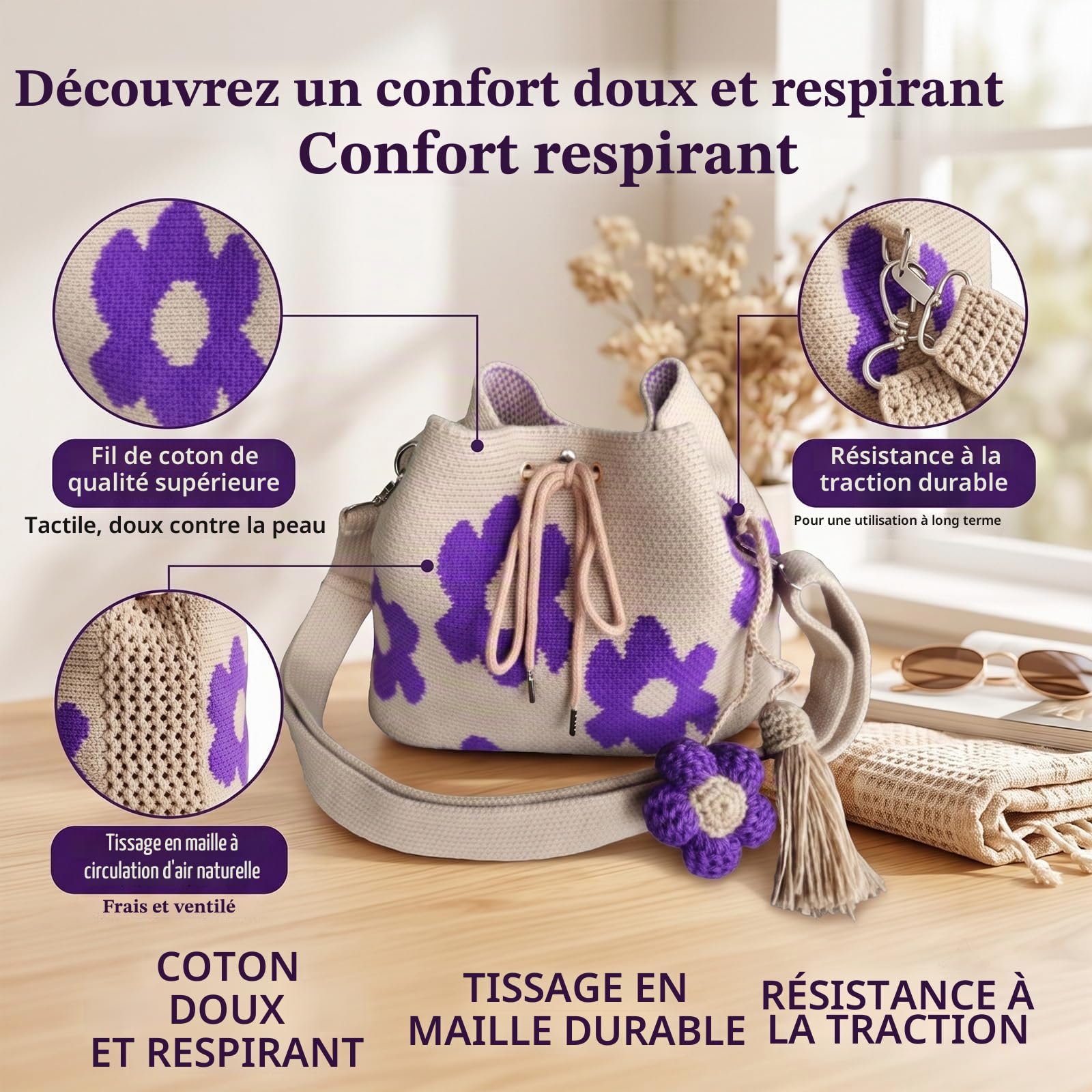 Sac fourre-tout à fleurs en crochet fait à la main, sac à bandoulière en maille beige renforcée avec charme floral, vacances d'été à la plage et marché fermier, marché de grande capacité(Style E)
