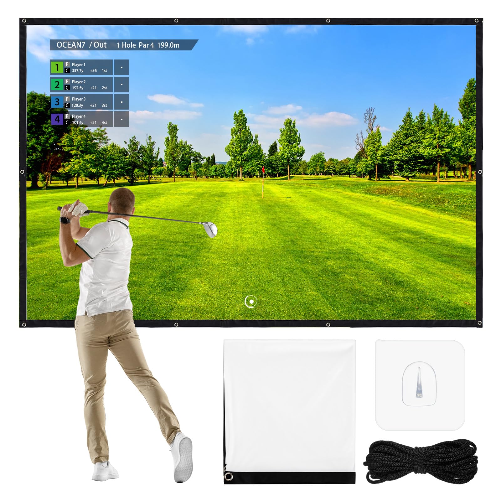 Tellegloww Golf Simulator Impact Screen Display Projector for Indoor and Outdoor Golf Training, Ultra Clear White Vinyl Screen with 8 Grommet Holes (9.8 x 6.6 ft/ 200 x 300 cm)