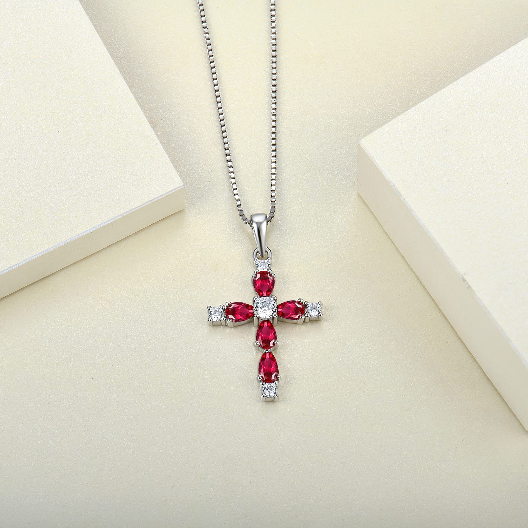 YL Collar Cruz Plata de Ley 925 con 12 Piedras de Nacimiento de Circonita Regalos con Colgante de Crucifijo para Mujeres Mamás, 45-48 CM
