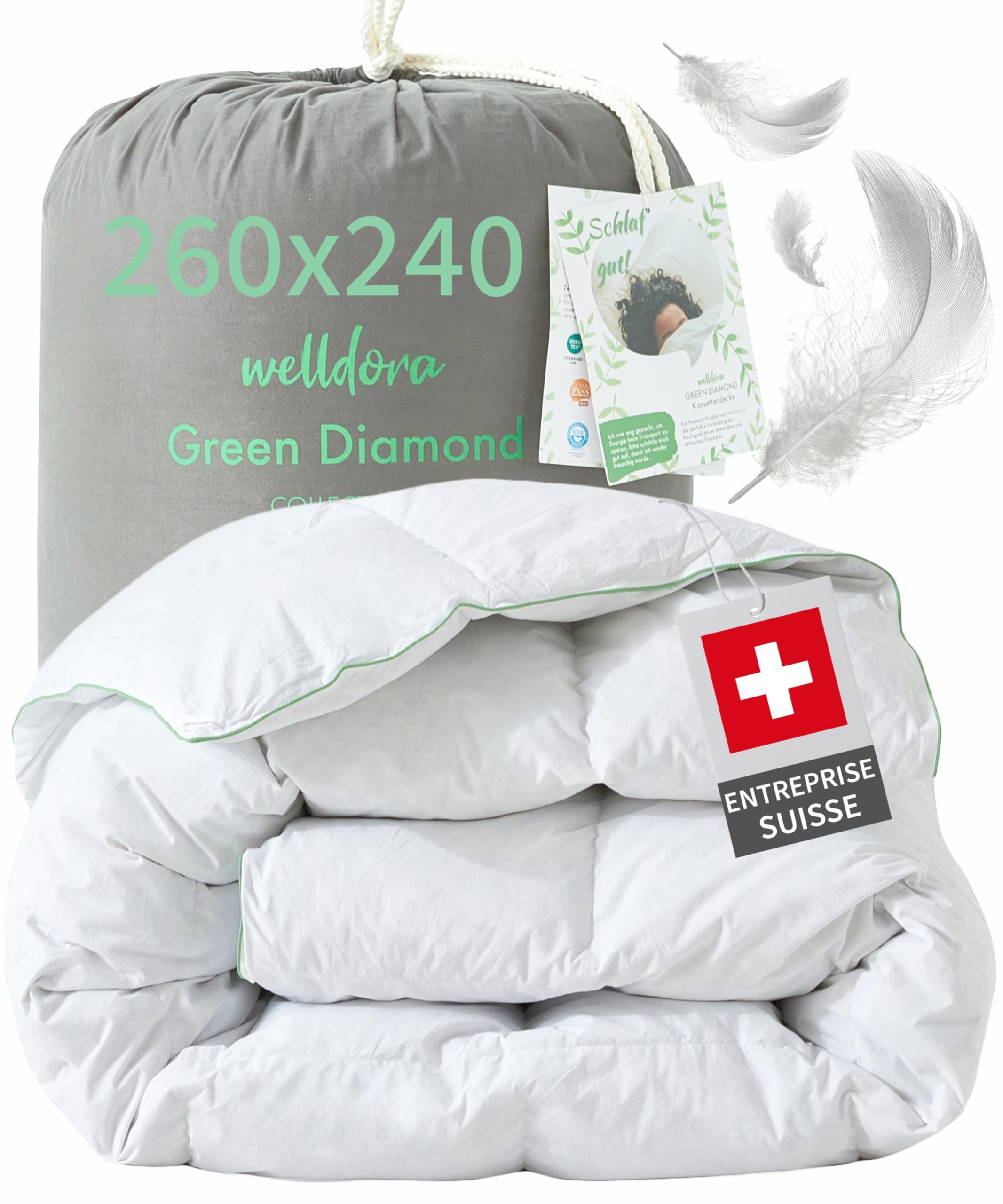 Welldora Couette 2 Personne Grand Confort 260x240 | 100% Plumes et Duvet Extradoux | Vérifiée par des Médecins, Oeko-Tex, Anti-Allergies, Certifiée RDS pour Le Bien-Être Animal | Couette Toute Saison