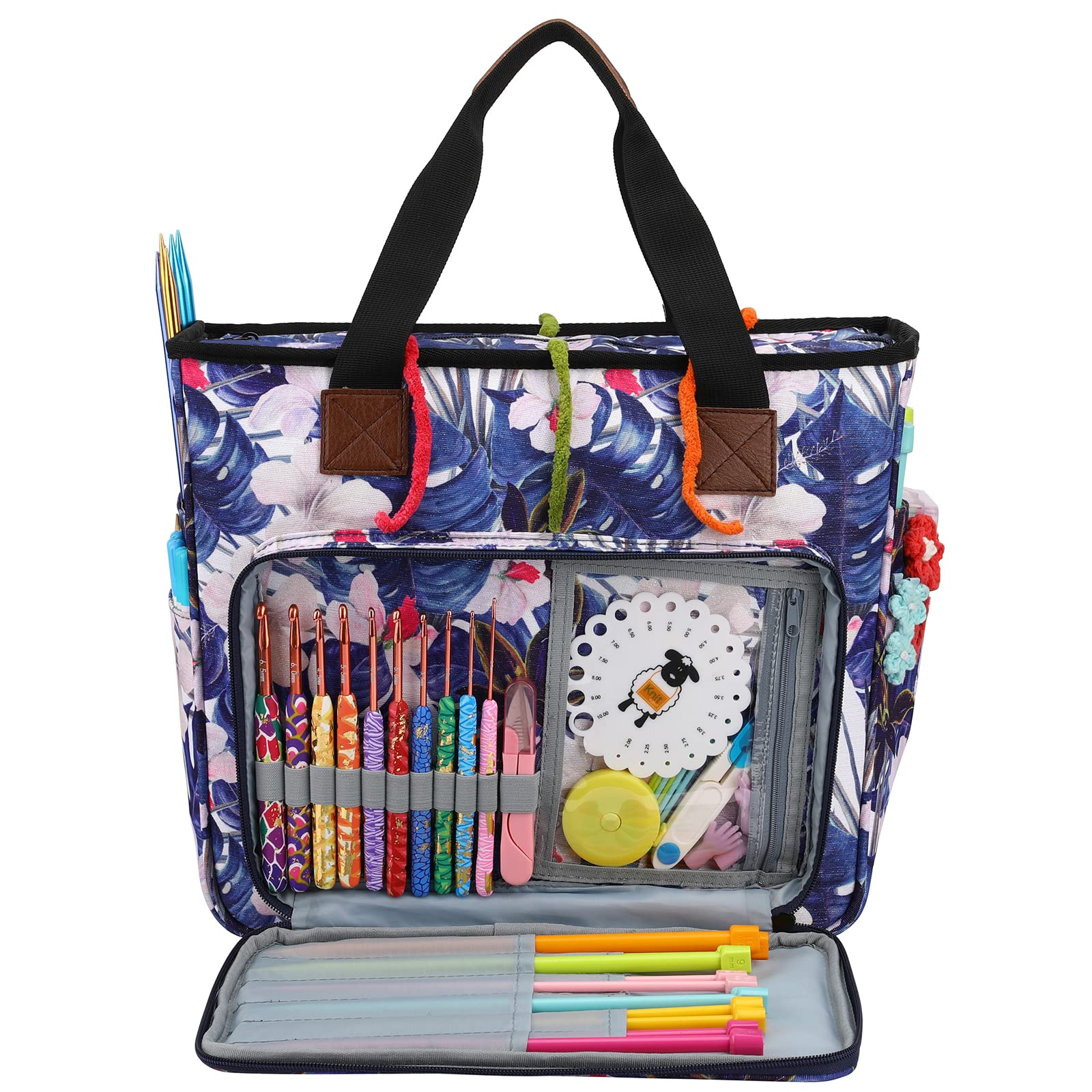 KOKNIT Knitting Tote Bag,Yarn Storage Bag for Carrying Project Yarn Storage Organizer with Pockets for Crochet Hooks,Knitting Needles and Accessories,Blue-No Accessories Included (Petunia)