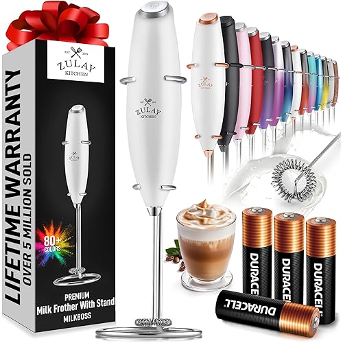 Zulay Kitchen Powerful Milk Frother Wand With 4 AA Duracell Batteries - Ultra Fast Handheld Drink Mixer - Electric Whisk Foam Maker for Coffee, Lattes, Cappuccino, Matcha & Creamer