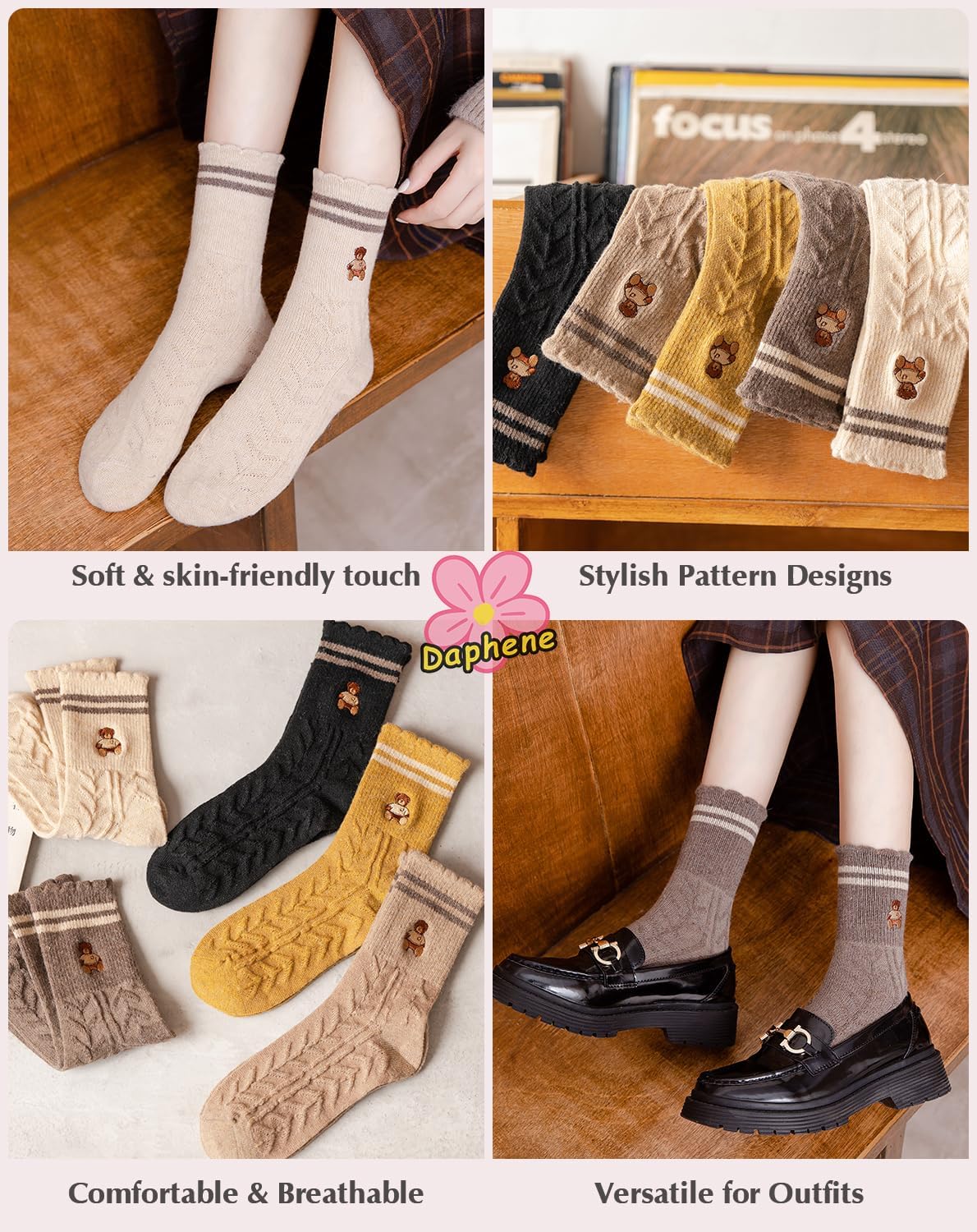 Daphene Womens Trendy Cute Wool Socks | Winter Thick Warm Holiday Gifts | Cartoon Design Comfortable Non-Slip | Multi-Color - Image 4