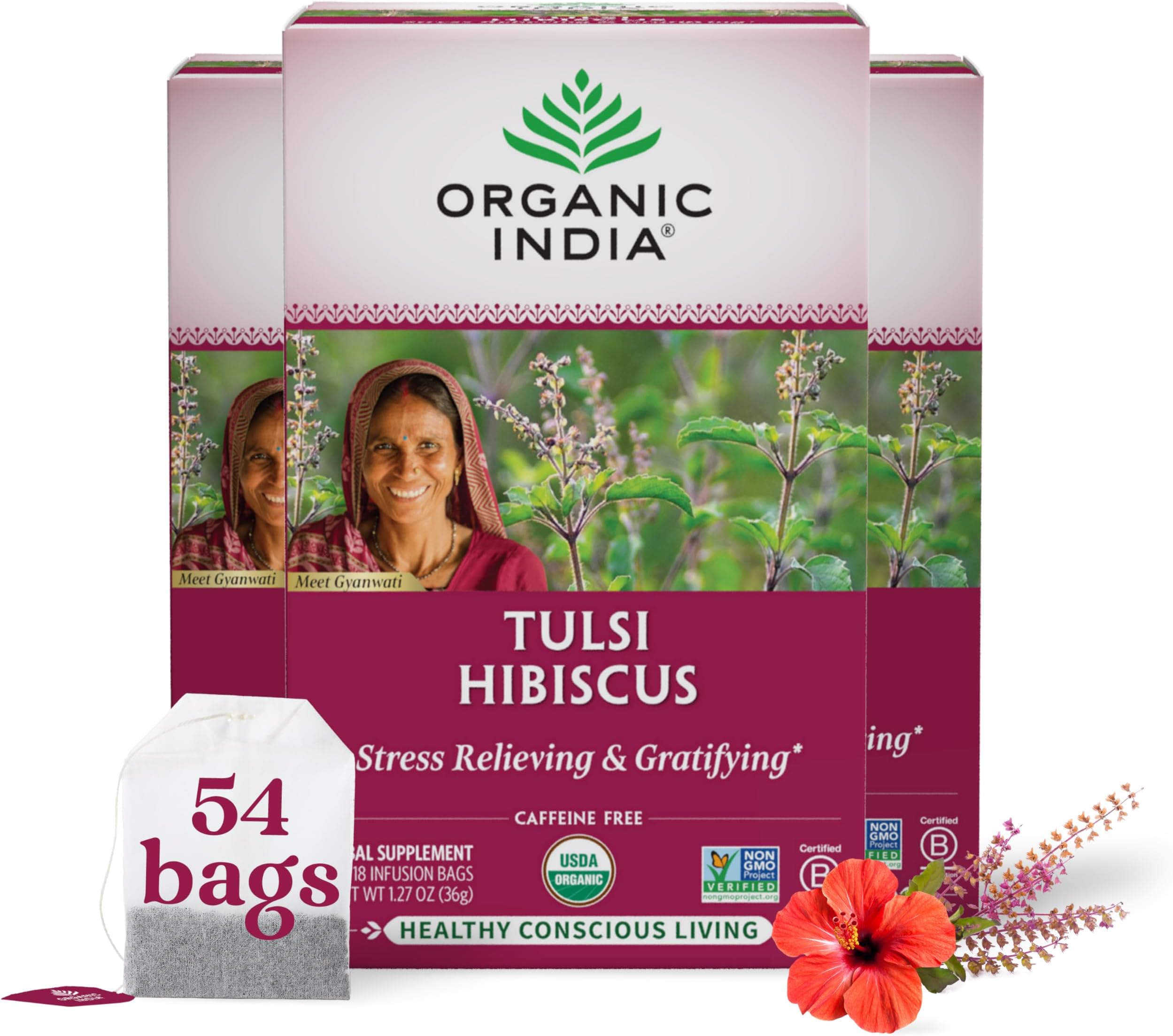 Tulsi Hibiscus Tea Bags - Holy Basil Herbal Tea, Stress Relieving, Calming, Immune Support, USDA Organic, Caffeine Free -18 Bags, 3 Pack