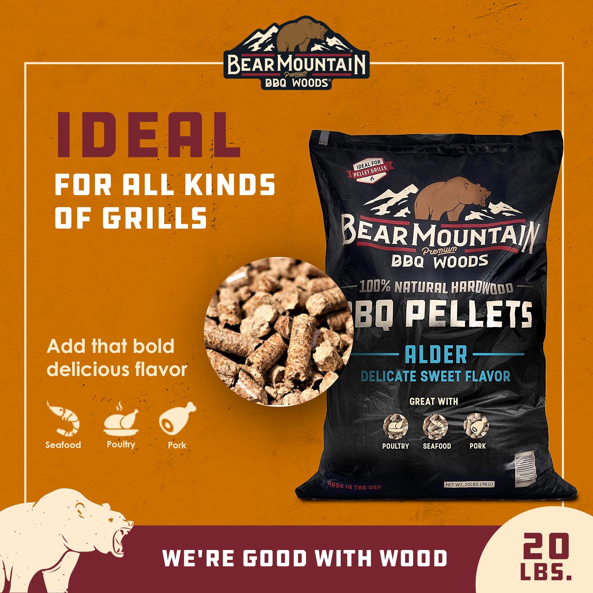 Bear Mountain Premium BBQ Woods Pellety, 100% całkowicie naturalne granulki z twardego drewna, do wędzarni i granulatów, grilla, pieczenia, pieczenia i grillowania, 9 kg, 1 opakowanie