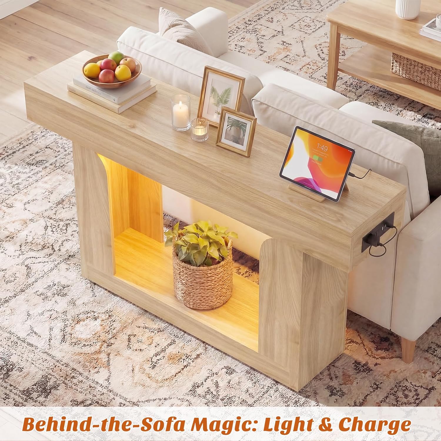 Homieasy Console Table, 47" Entryway Table with LED Lights & Charging Station, Farmhouse Wooden Sofa Table Behind Couch, Narrow Hallway Table for Living Room, Foyer, Entry, Natural Oak