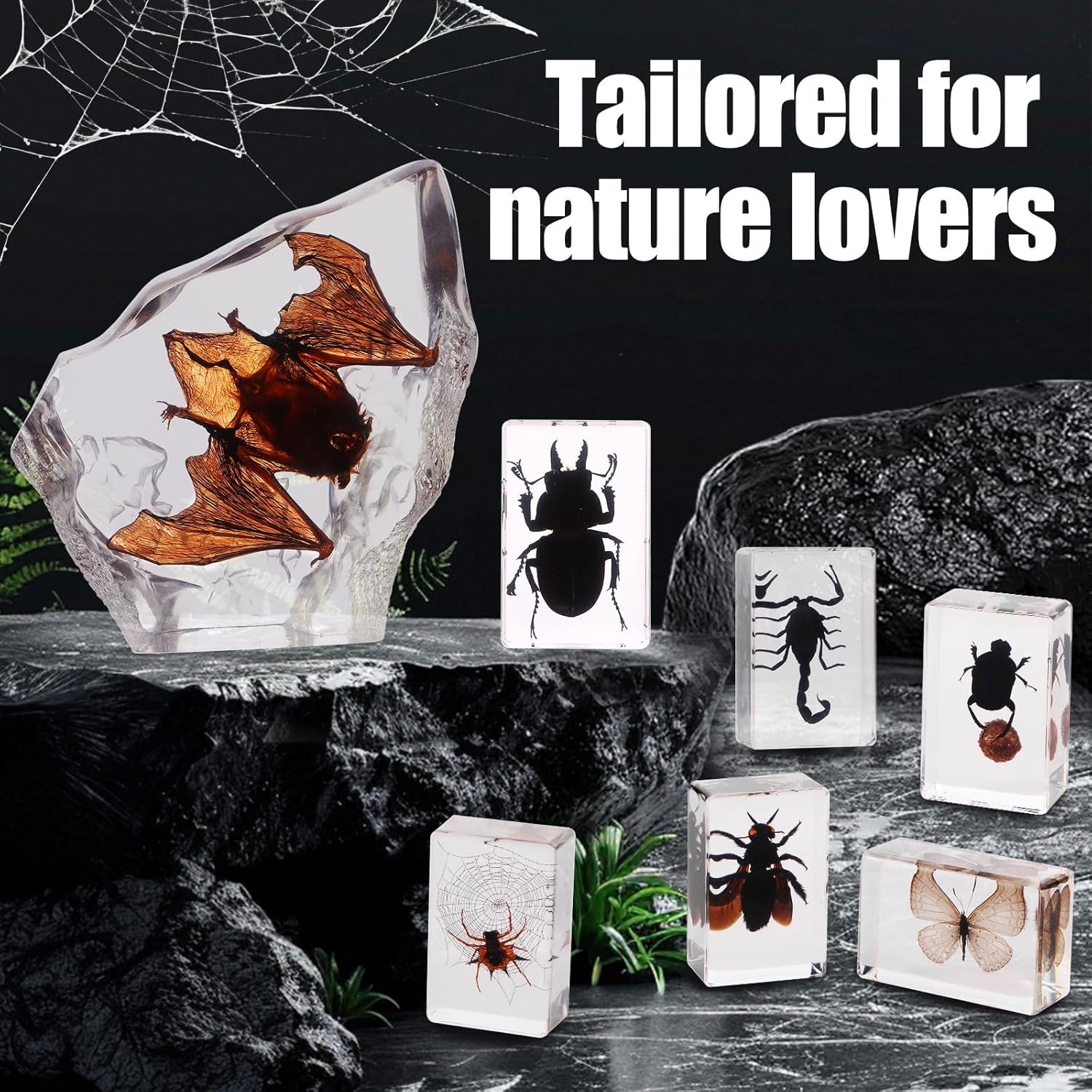 7 Pcs Bugs Specimen Resin,Special-Shaped Bat Specimen Insects Stag Beetle for Science Classroom Specimens Supplies,Thanksgiving Christmas Gothic Gifts for Men,Black Oddities Décor(Bat Decor)