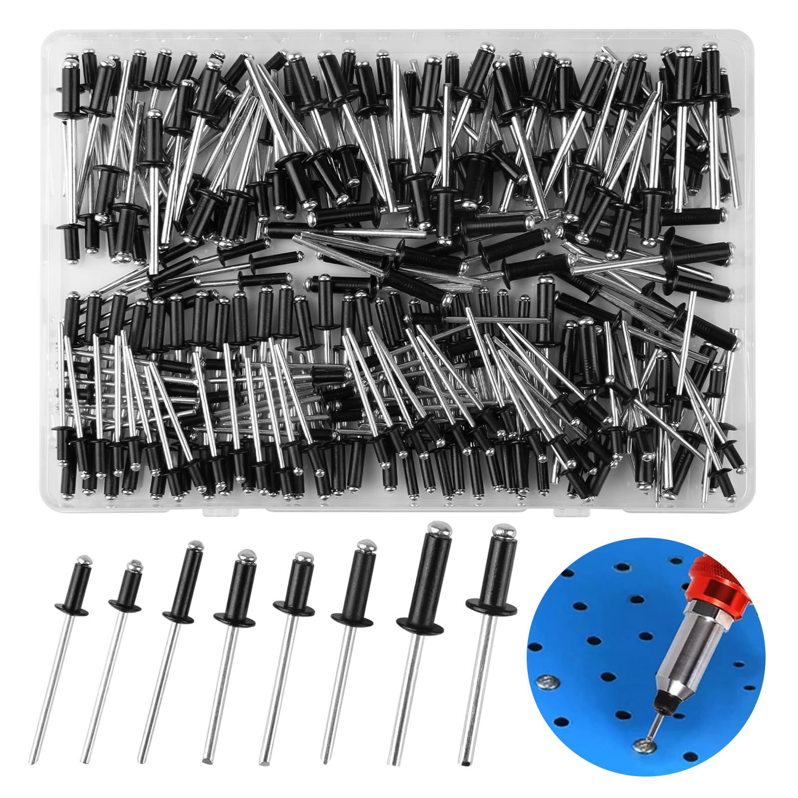 COEMA 240Pcs Large Flange Blind Rivets, Aluminium Blind Rivet with 8 Size, Practical Blind Rivets Set, Black Rivets for Storage Box, Metal Tube, Sheet Mounting,Furniture