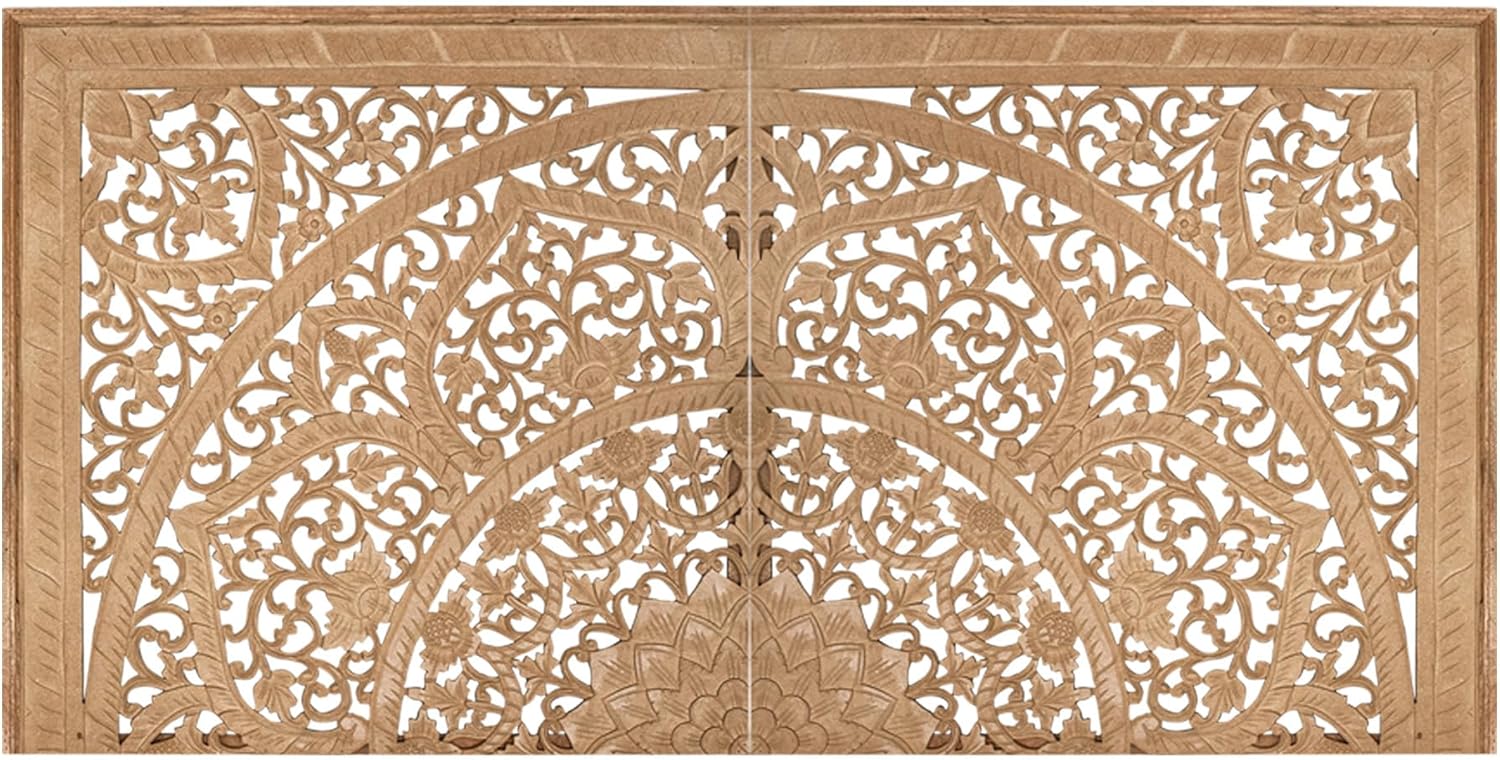 Queen Bed Headboard Panels, Wall Mounted 60 x 30 in, Hand Carved Mandala Wood Wall Art, White Wash Boho Bedroom Decor, 2 Panels + Hardware