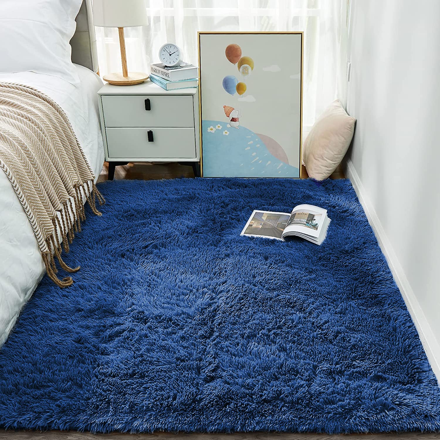 Ophanie Kids Navy Blue Rug, Boys Rugs for Bedroom Royal Dark Blue Carpet Nursery Aesthetic, 4x5.3 Playroom Area Rugs for Girls Teen Home Decor, Fluffy Shag Bedside Floor Living Room Carpet