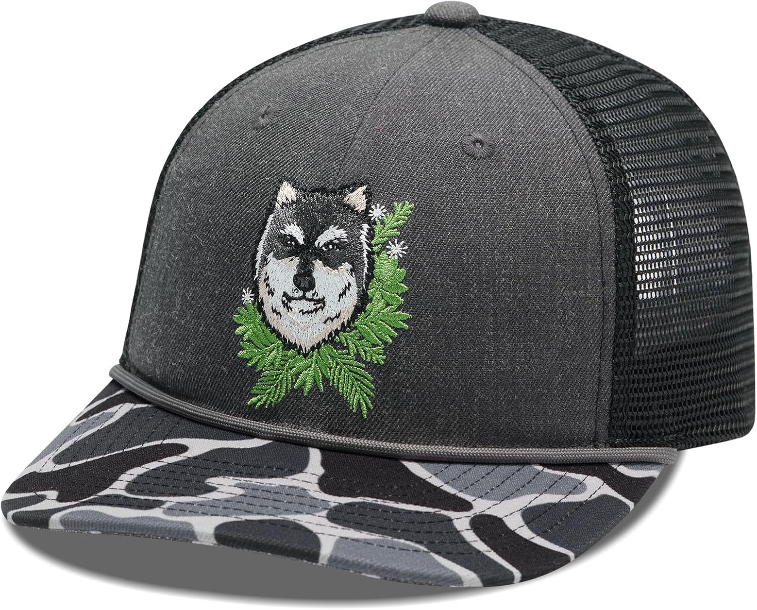 BASSDASH Camo Rope Trucker Hat Adjustable Embroidered Baseball Cap Mesh Back for Duck Deer Hunting Fly Fishing Camping