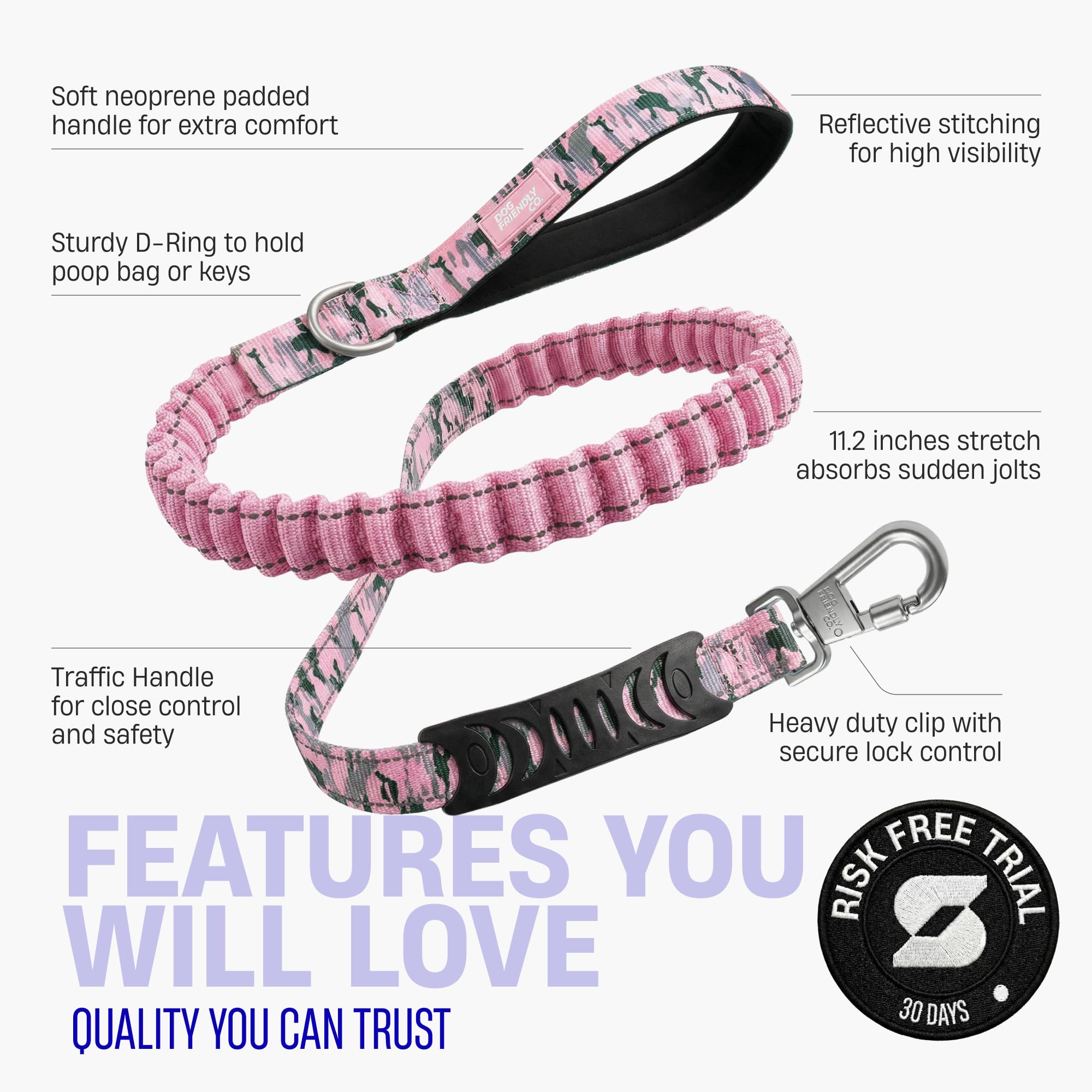 Dog Friendly Co. Correa elástica para perro, absorbe los golpes (camuflaje rosa, regular)