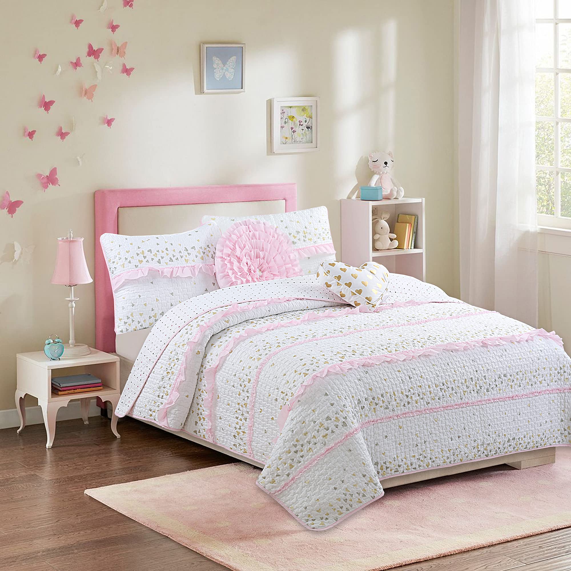 Cozy Line Home Fashions Pink Ruffle Metallic Printed Hearts Girl Cotton Reversible Quilt Bedding Set, Coverlet, Bedspreads (Sparkling Hearts, Queen - 3 Piece: 1 Quilt + 2 Shams)