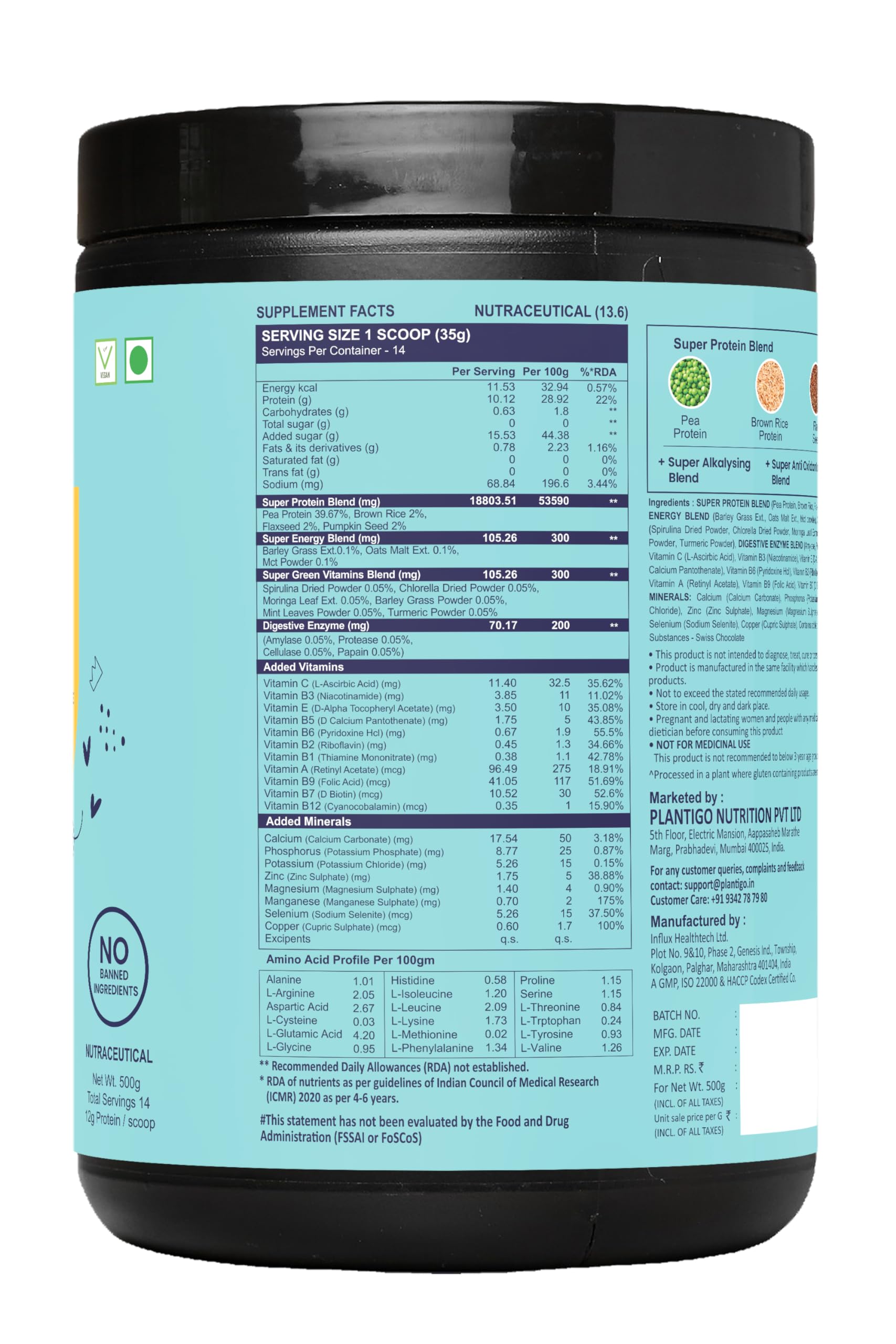 Plantigo Kids Protein 14g, 11 Vitamins, 8 Minerals, Nutrition Supplement | Muscle, Bone Growth & Brain Health | Protein Powder for Kids 10+ years | Swiss Chocolate Flavor - 500g + Shaker, 600ml