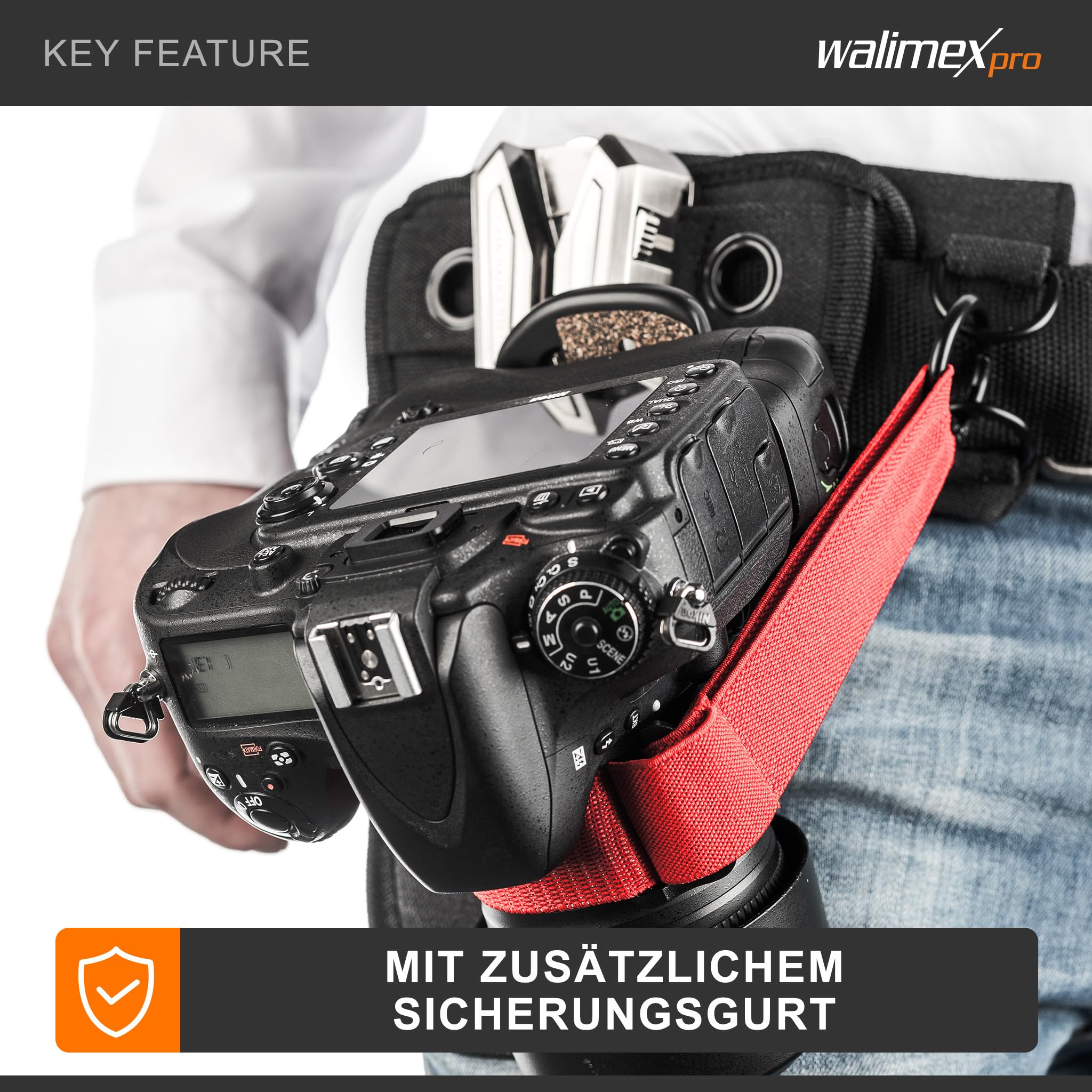 Walimex pro Kamera Hüftgurt mit V-Dock Argus – Tragegurt mit Holster für Fotoshooting und Outdoor Fotografie – V Clip Kameraholster mit Bauchgurt