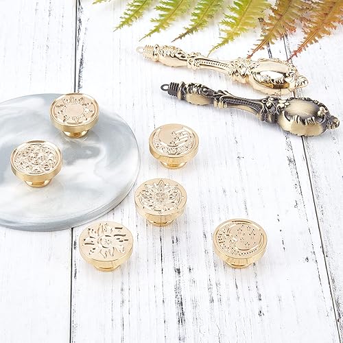 Miniatura 5 de CRASPIRE Juego de 6 sellos de cera de la serie Moon Sun, cabezales de latón + 2 asas de aleación con una caja de regalo, kit de latón retro vintage