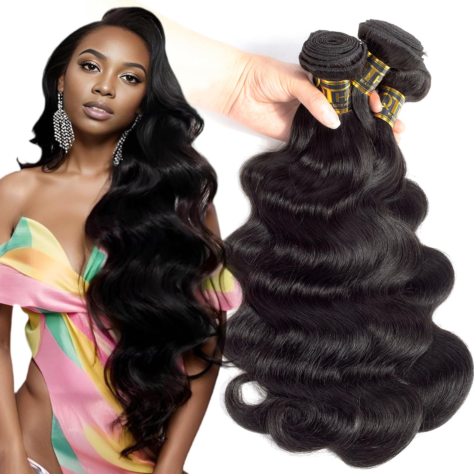 QTHAIR Brazilian Virgin Hair 18A Grade Body Wave Bundles 100% Unprocessed Virgin Brazilian Body Wavy Human Hair Bundles 20" 18" 16" 300g Brazilian Body Wave Human Hair Extensions