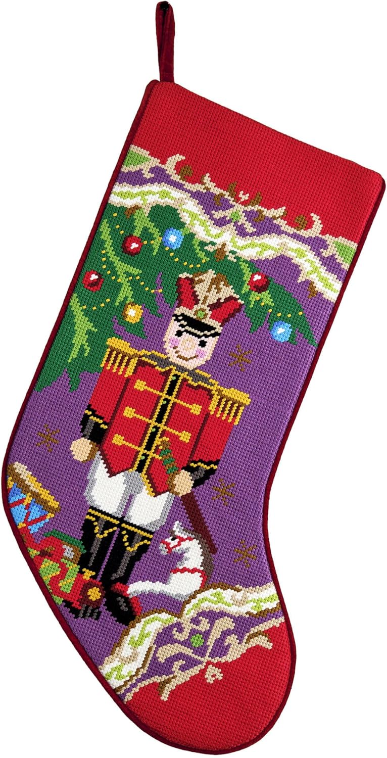 Peking Handicraft Xmas Soldier Embroidered Christmas Stocking, 18-inch Length, Poly and Cotton Velvet, Holiday Seasonal Decoration