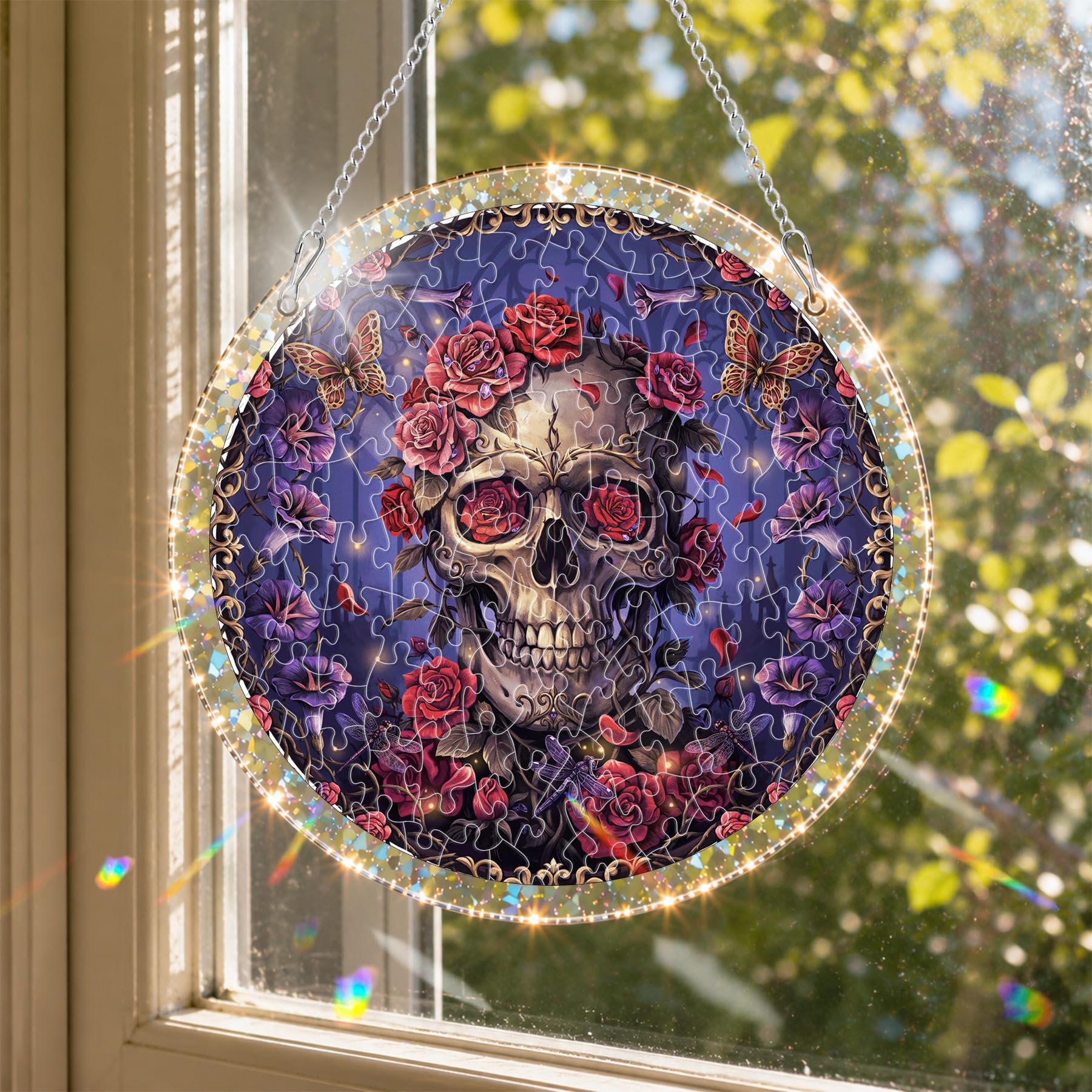 Reofrey Acrylic Puzzle Suncatcher for Adults, 83 Piece Halloween Skull Window Hanging, Stained Glass DIY Jigsaw Puzzle, Double-Sided Acrylic Decor, for Mom, Home Garden Decoration, 18x18cm — image 1