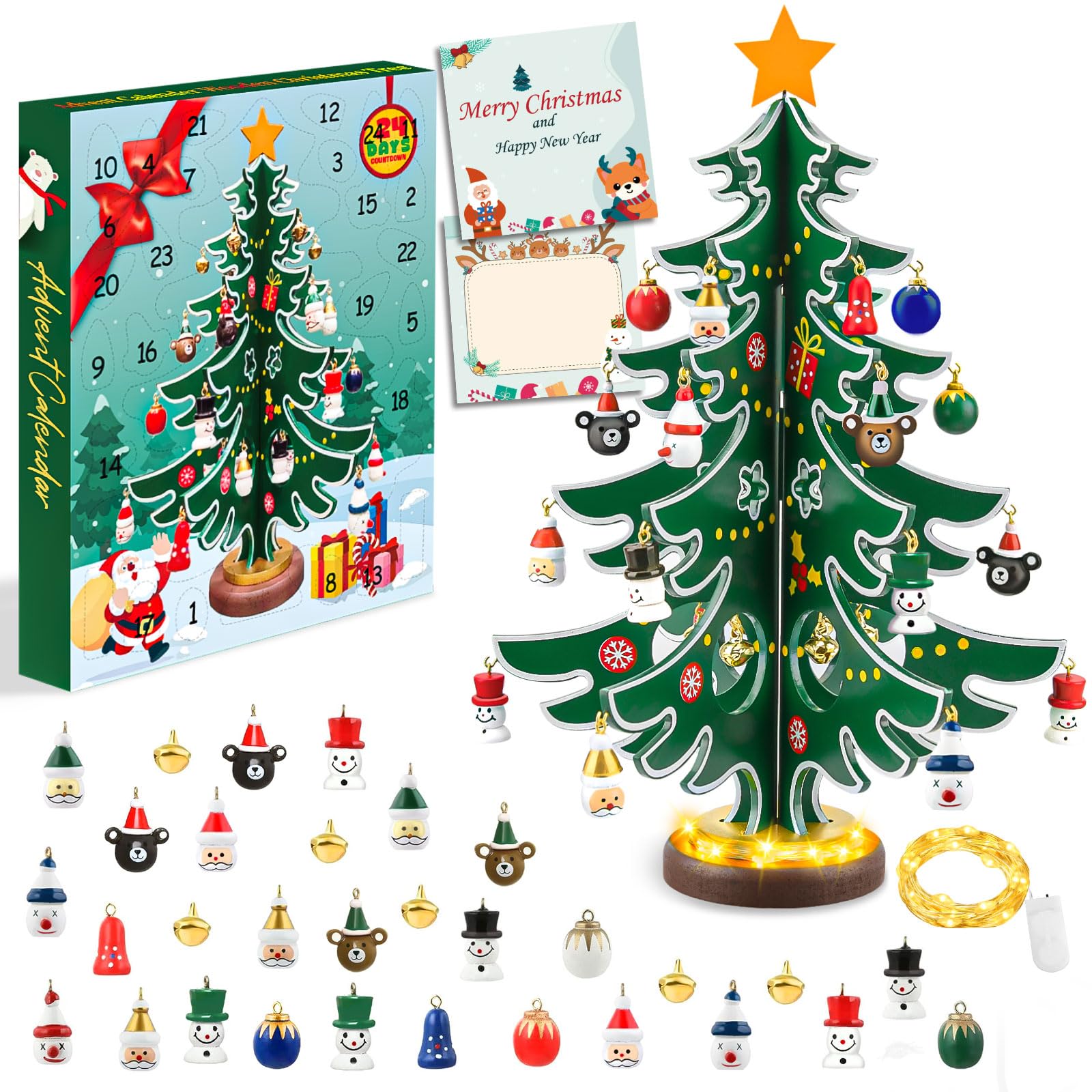 FFZZKJ Advent Calendar 2025 Kids with Lights 24 Days Countdown Wooden Christmas Tree with 30 Ornaments for Christmas Table Decoration Christmas Decorations