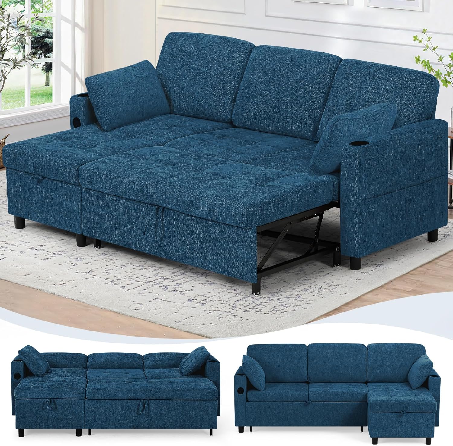 84" Chenille Pull Out Sofa Bed w/Adjustable Backrest, L-Shape Modern Sleeper Sofa w/Reversible Chaise, Upholstered Sectional Couch w/USB Port and Side Pockets for Living Room, House, Blue