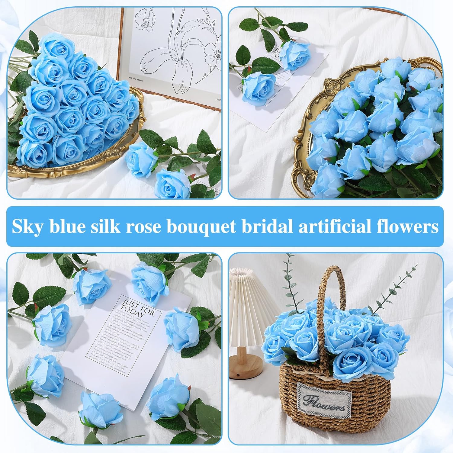 80 Pcs Roses Artificial Flowers, Silk Sky Blue Artificial Flowers Petals Long Stem Roses for Wedding Bouquet Home Party Decor - Image 4