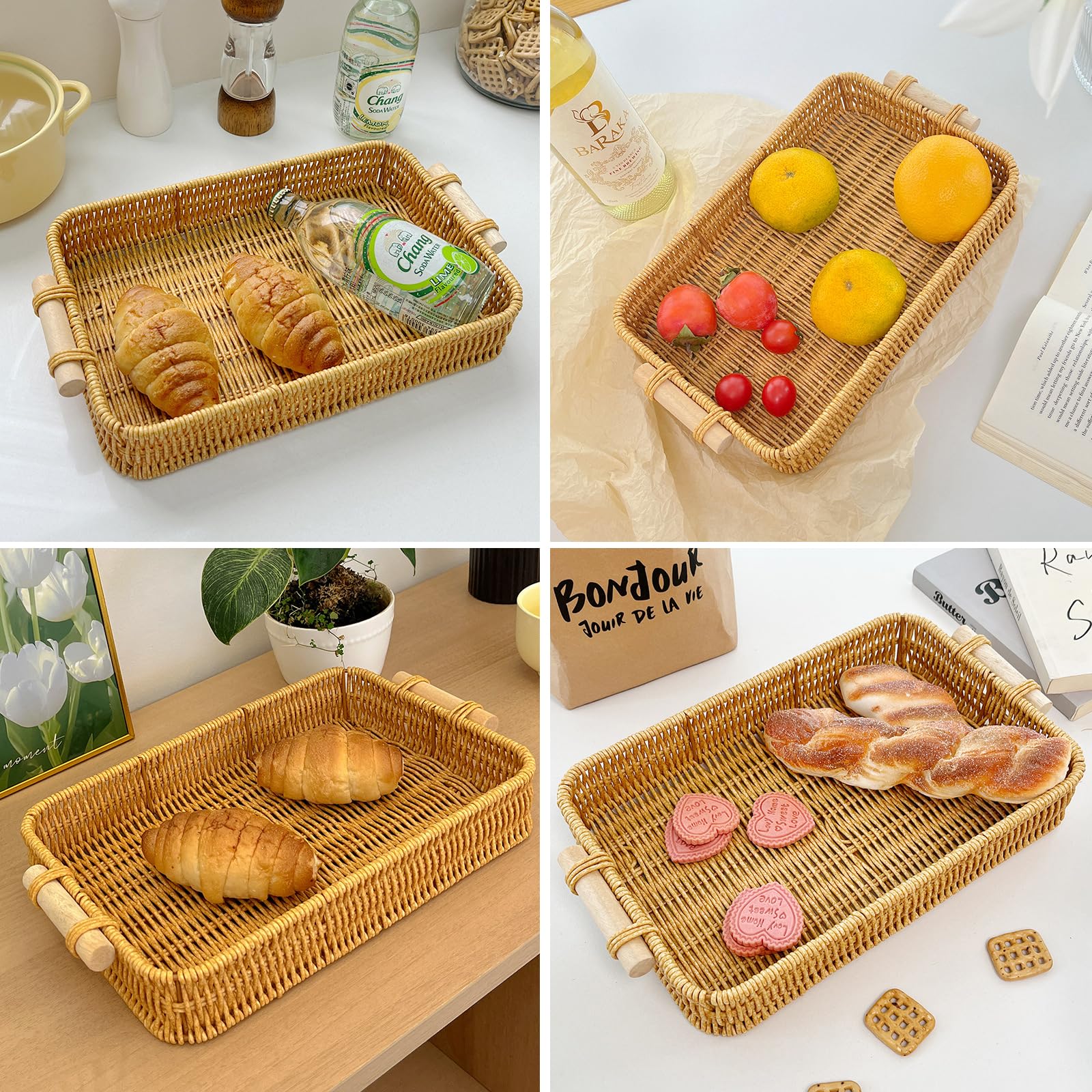 Wicker Basket Serving Tray with Handles Handwoven Rattan Storage Sofa Table Trays Decorative Organizer Tray for Eating Fruit Breakfast Food Coffee Bread Gift for Women, Set of 2 - Image 9