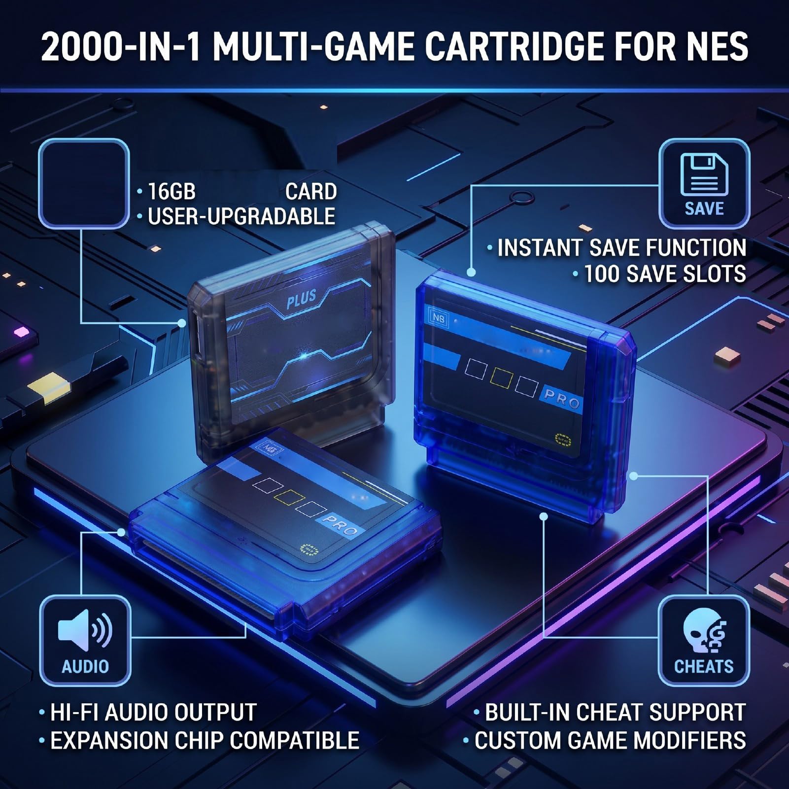 Plyisty Cartuccia di Gioco da 16 GB, 2000 in 1 Multi Game per Console con Salvataggio in Tempo Reale e Trucchi di Gioco (BLUE)