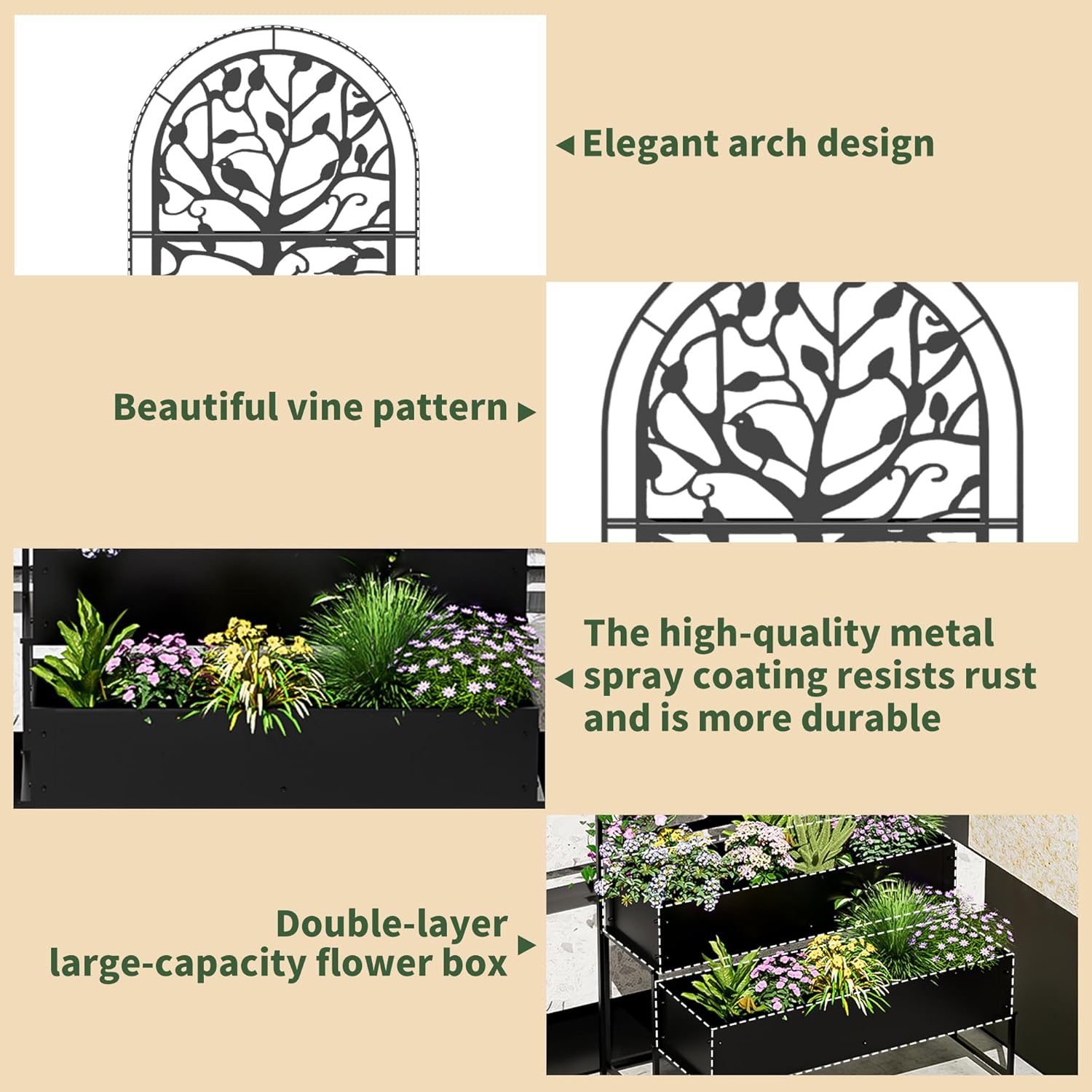 Arched Outdoor Planter Box with Trellis for Climbing Plants, 2 Tiers Metal Privacy Planters for Patio, Tall Raised Garden Bed with Legs, for Vegetables, Fruits, Balcony, 75.2 x 22 x 34.6 Inch, Black