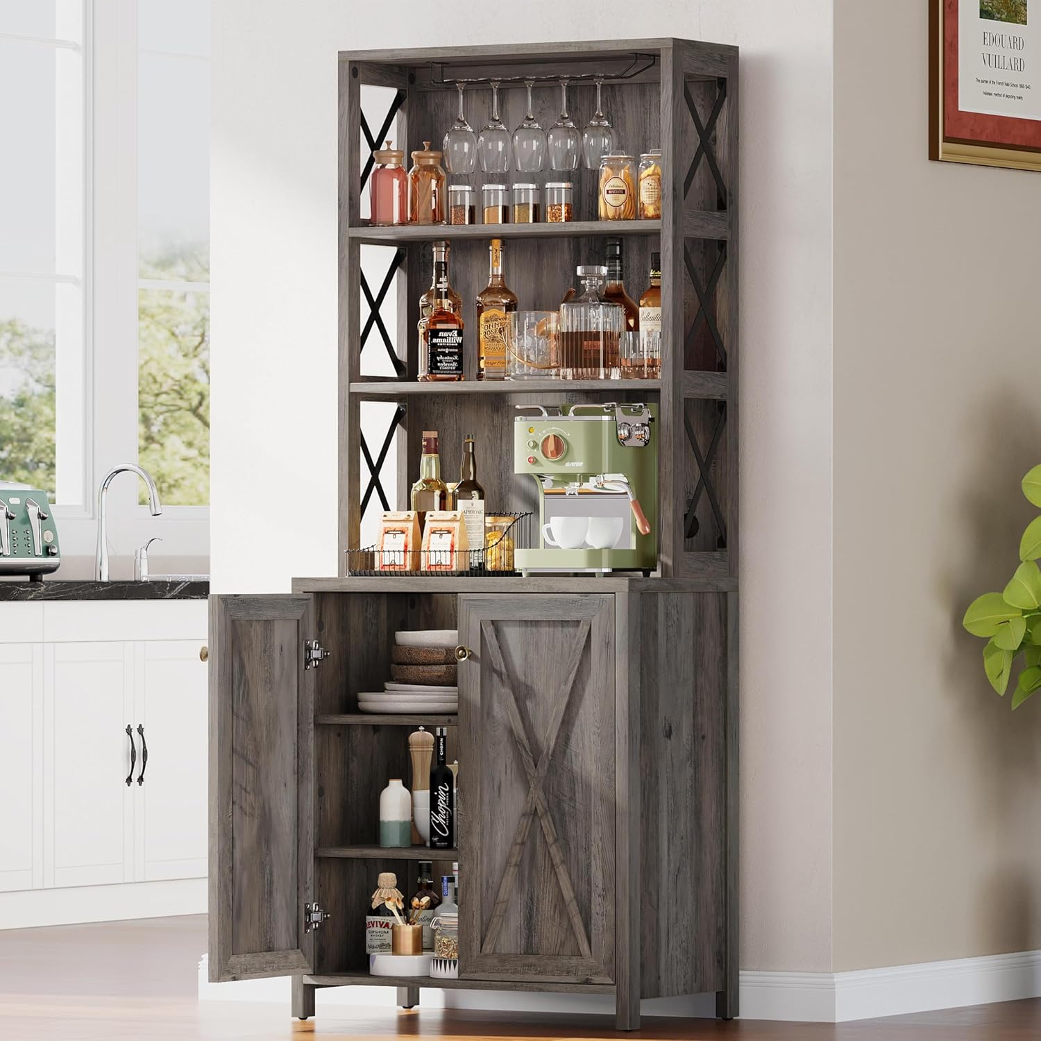 DWVO 67" Tall Wine Bar Cabinet for Liquor and Glasses, Farmhouse Kitchen Cabinet Coffee Bar with Adjustable Shelves, Open Storage Shelves, Buffet Kitchen Cabinet for Dinning Room, Kitchen, Grey Wash Rustic Grey Wash