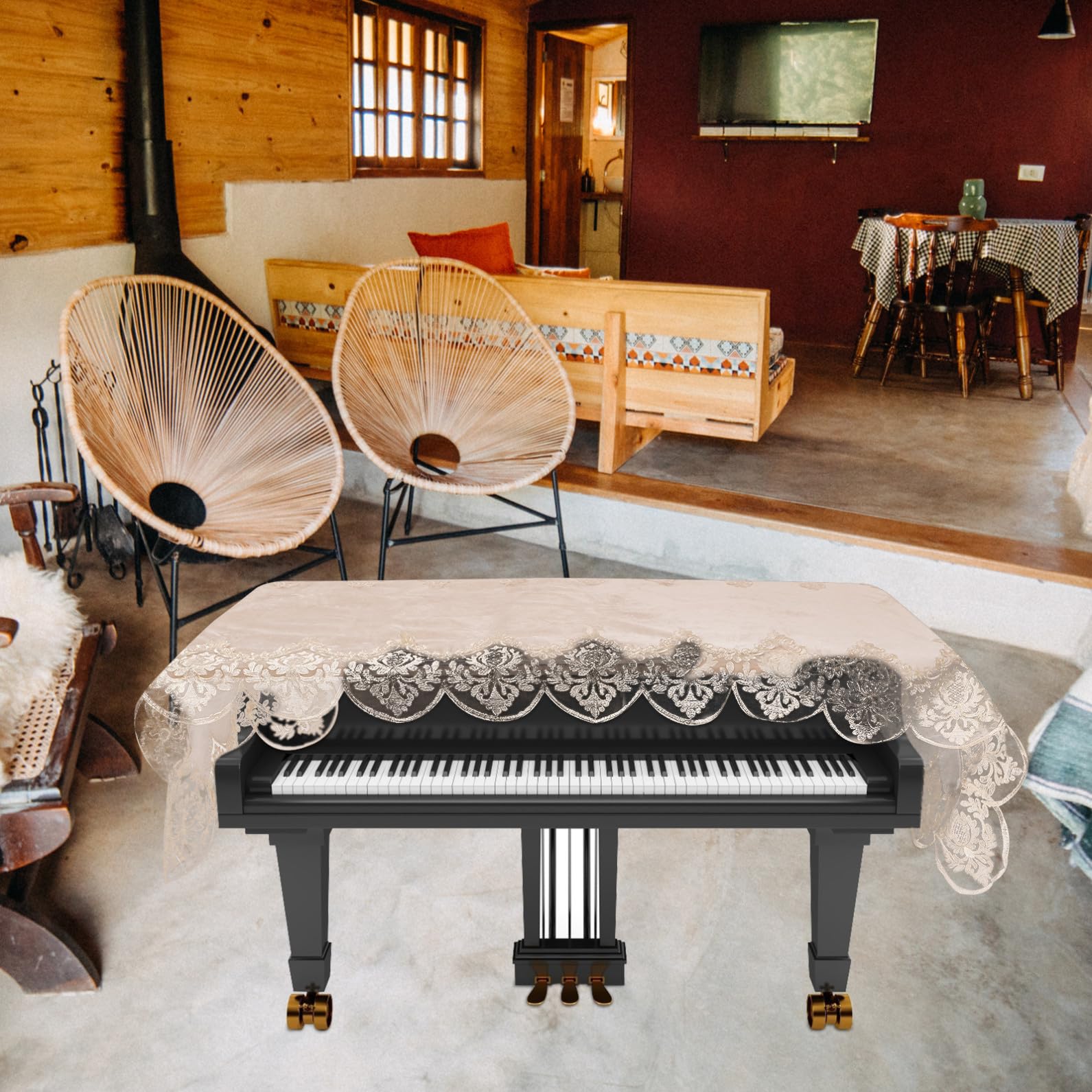 Klavierabdeckung mit Besticktem Spitzenmuster Dekorativ und Faltbar als Staubschutz aus Polyester Beige Passend für Elektronisches Klavier und Elektronische Orgel