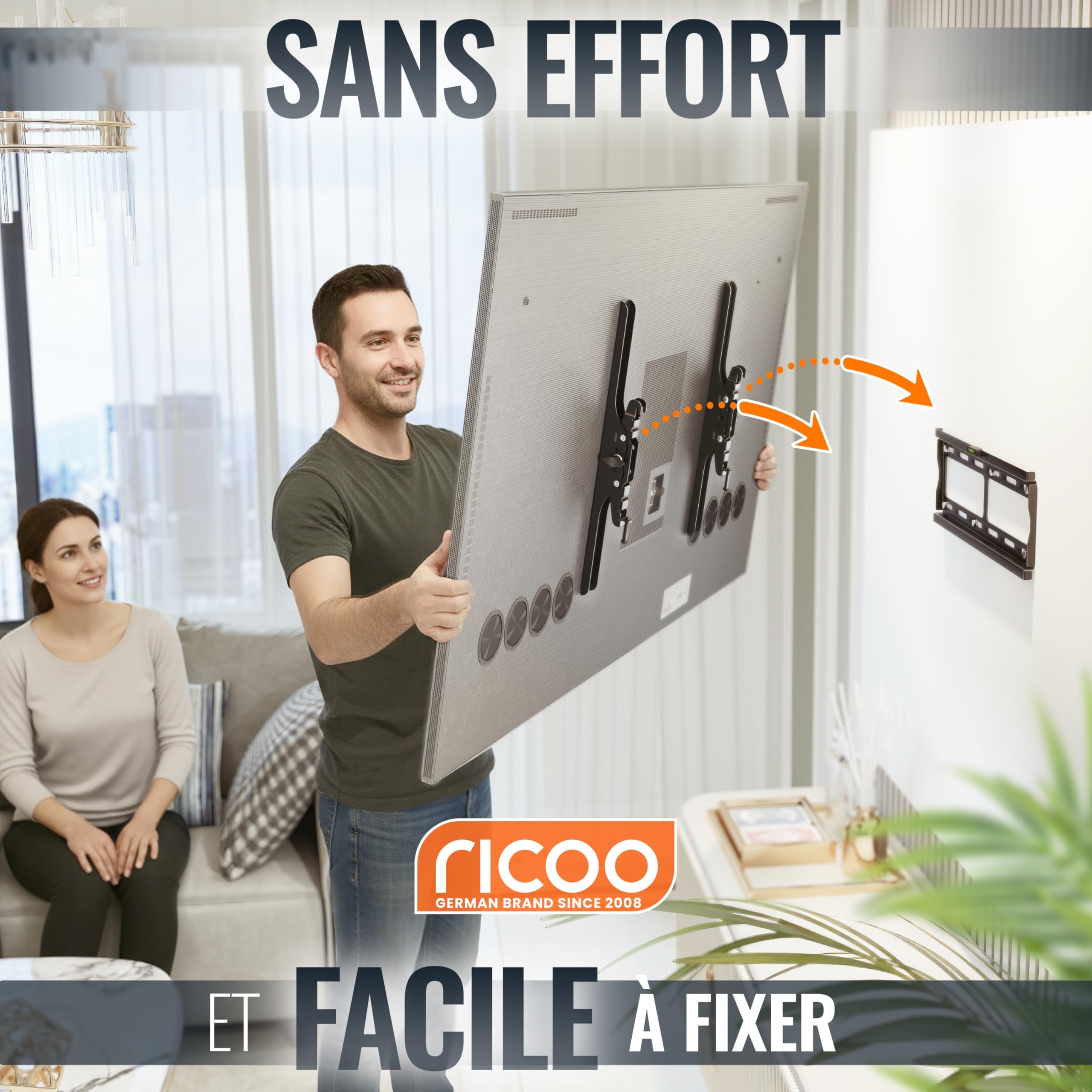 RICOO R09 Support Mural TV 40 à 85 Pouces 42 43 48 50 55 58 60 65 70 75 77 83 Pouces VESA 200x200 à VESA 400x400 Inclinable Universel Fixation Murale TV QLED OLED LED LCD