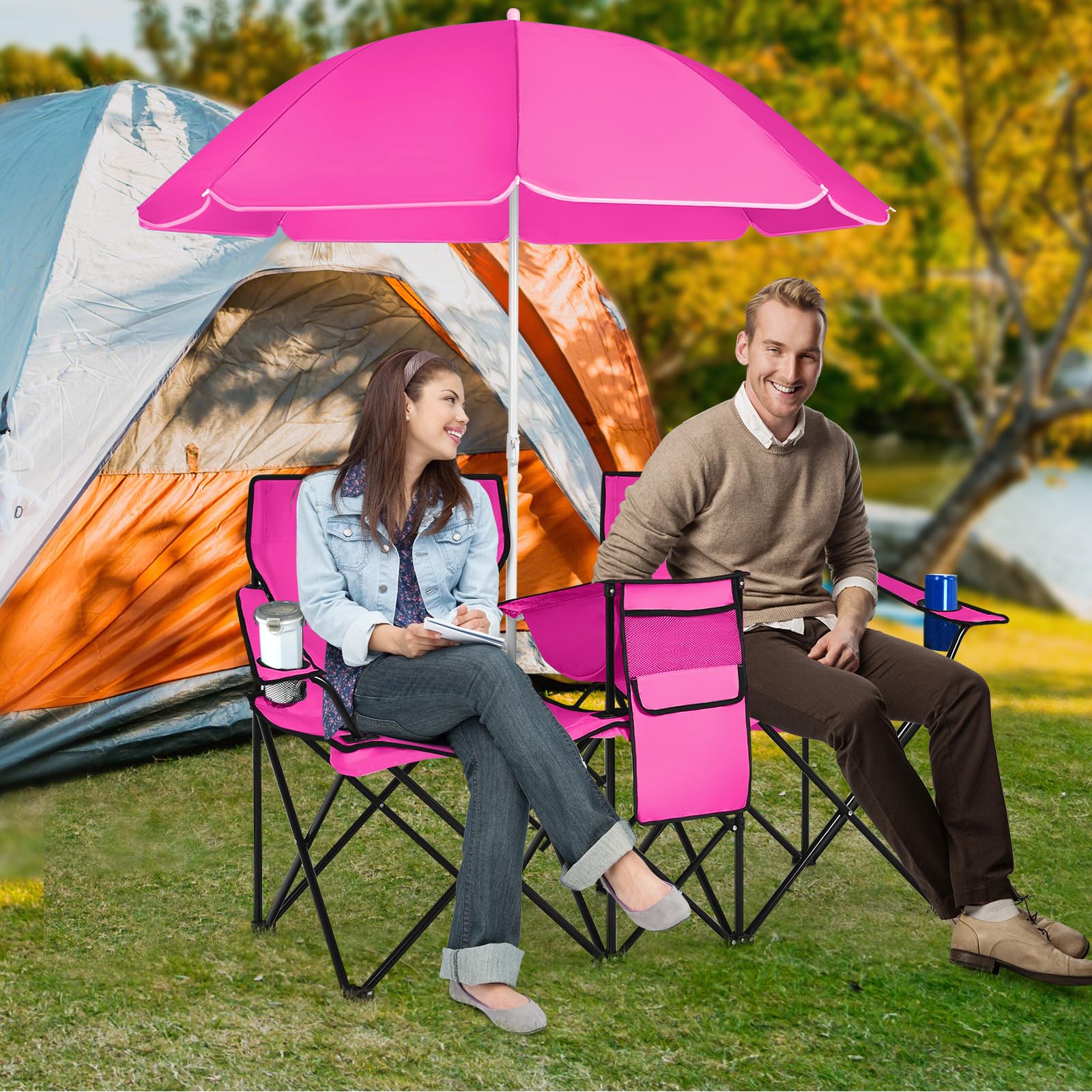 GIANTEX 2er Partner Campingstuhl mit Sonnenschirm, klappbarer Doppel Angelstuhl mit Getränkehalter & Kühltasche, Klappstuhl für 2 Personen, Anglerstuhl in Tasche, Faltstuhl Doppelsitzer (Rosa) Sport & Freizeit