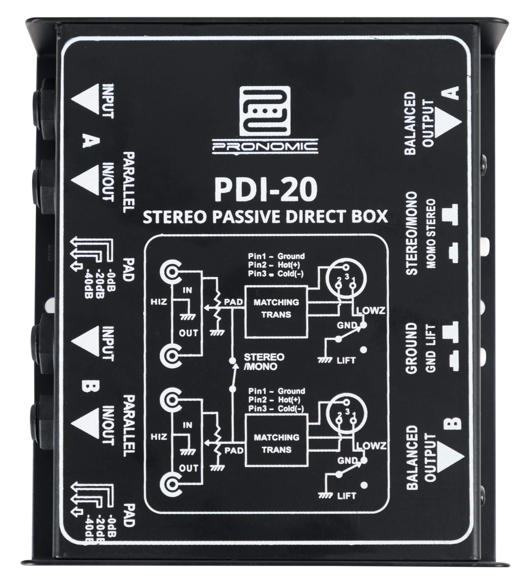 Pronomic PDI-20 passive Stereo-DI-Box - Gamma di frequenza: 15 Hz - 30 kHz - Interruttore Stereo/Mono - Interruttore Pad - Ground-Lift - nero