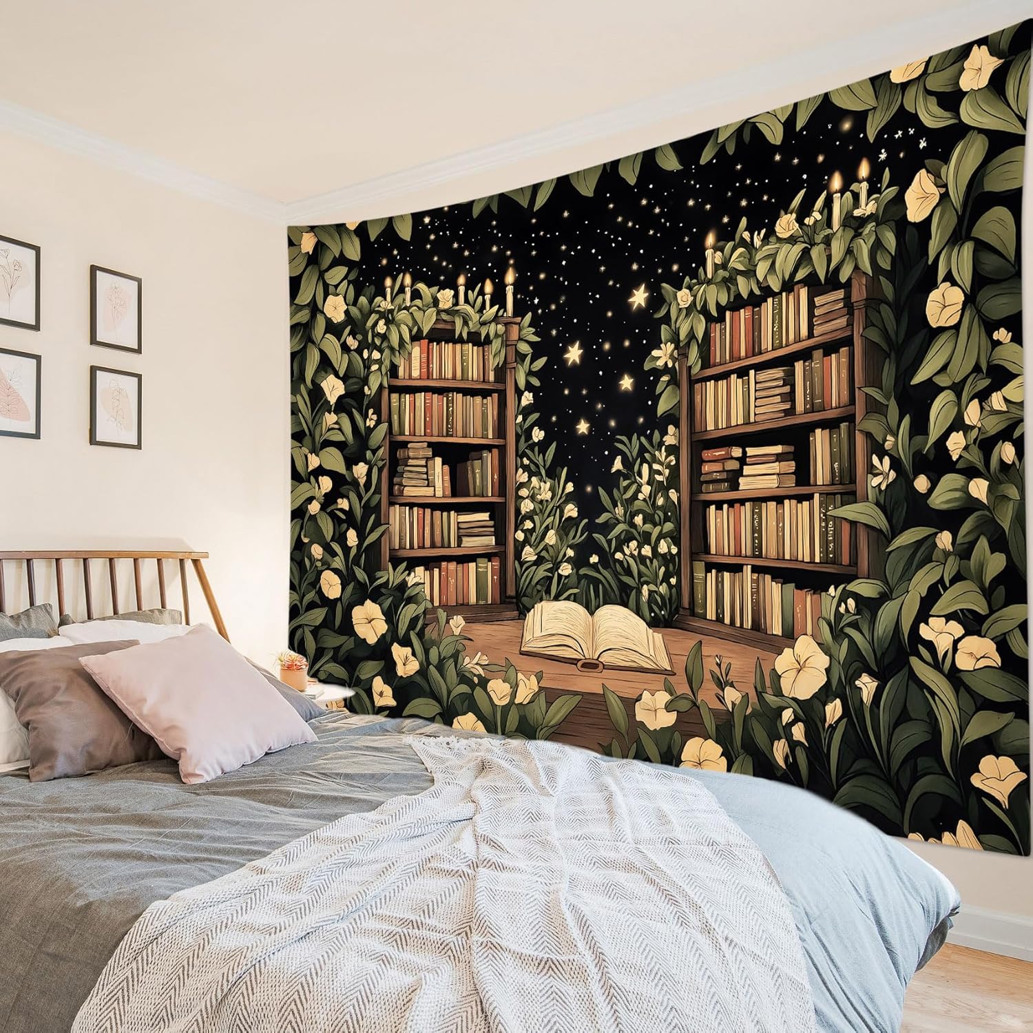WEENEO Bookshelf Tapestry for Classroom Fantasy Libray with Vintage Book Tapestry Wall Hanging Green Plant and Yellow Floral Nature Wall Decor for Bedroom Living Room College Dorm School,92x70 Inch