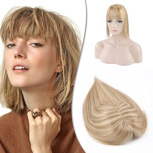 Miniatura 1 de Hairro Toppers de cabello humano con flequillo, base de seda, extensiones de cabello con clip en la parte superior, extensiones de cabello de