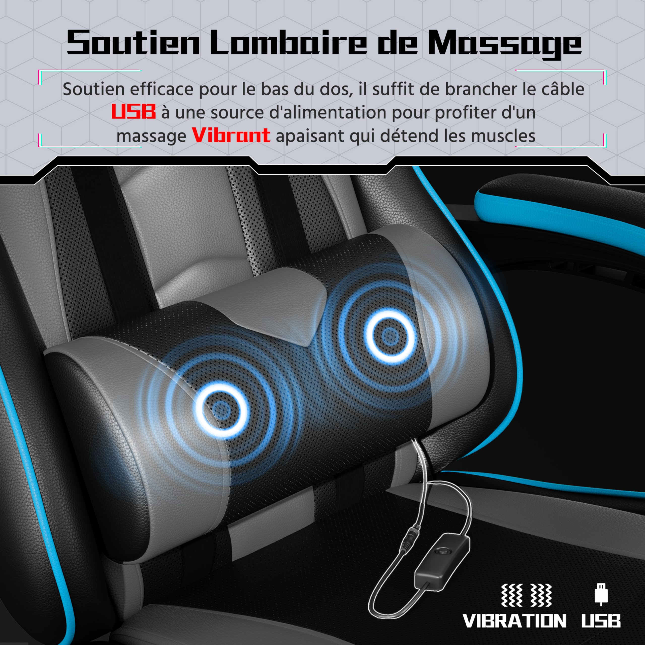 Yaheetech Chaise Gaming Massage Dossier Ailes Latérales Repose-Pieds Gris | Inclinable & Hauteur Ajustable Base 72cm Charge 150kg Têtière Incluse Coussin Lombaire Massant USB Similicuir Bureau Salle