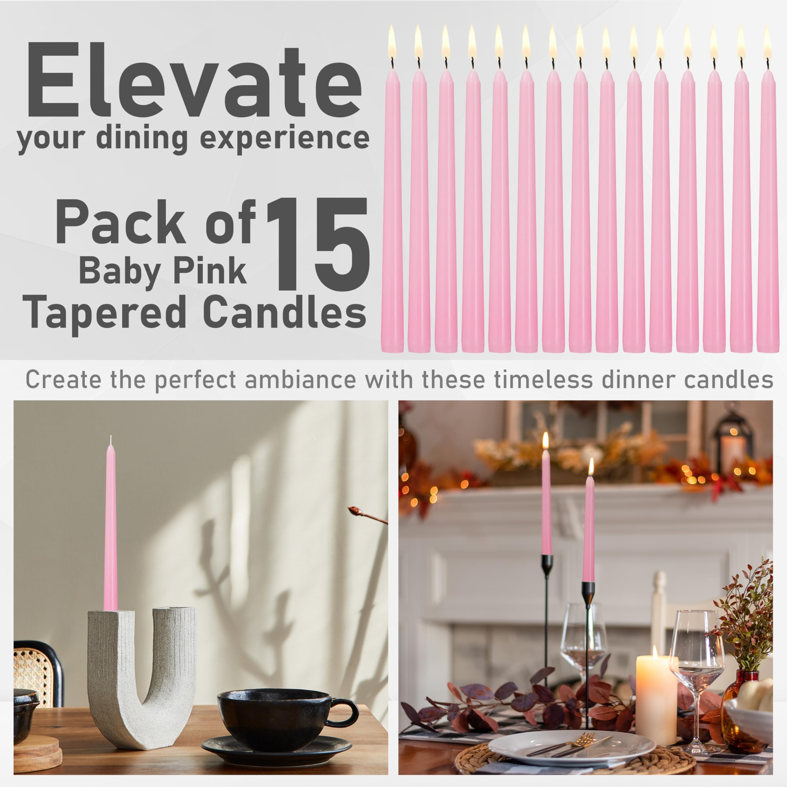 DECO EXPRESS Candles Set Classic Dripless Tapered Metallic Unscented 8H Burning Time, Decorative Dinner Candles for Restaurant Home Christmas (Baby Pink, 15 Pack) - Image 4
