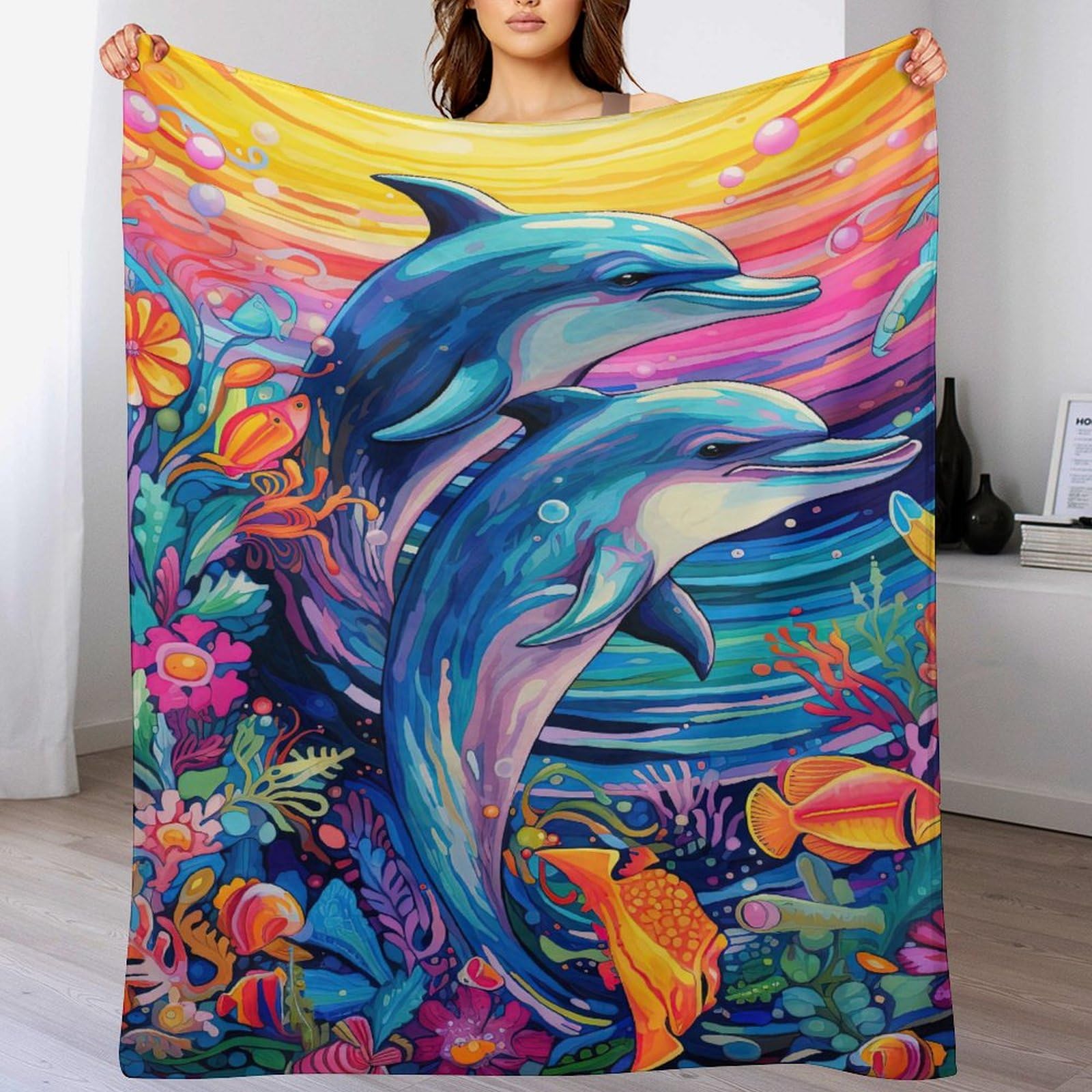 Manta para salon de forro polar con delfines coloridos manta de sofa 130 x 180 cm