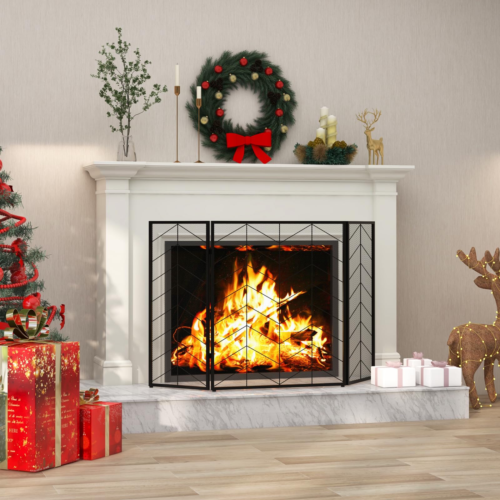 GOPLUS Chispas de metal, 3 piezas, rejilla de protección contra chispas con patrón, plegable, para chimenea, decoración del hogar, 132 x 79 cm, color negro (con patrón de líneas)