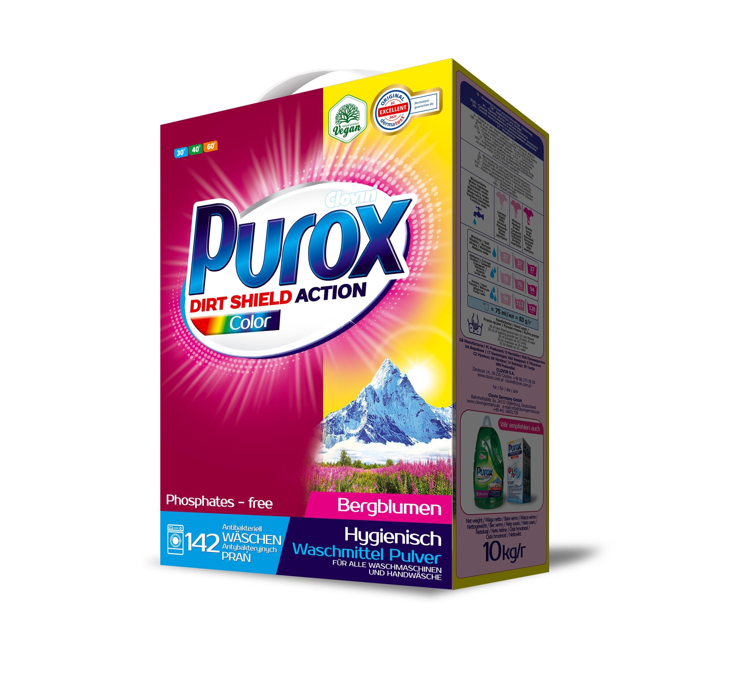 PUROX COLOR Waschpulver im Karton 142 Waschladungen 10 kg – Universelles Pulver für Farbige Textilien, Entfernt Flecken, Umweltfreundlich, Effizient, Schützt vor Kalk