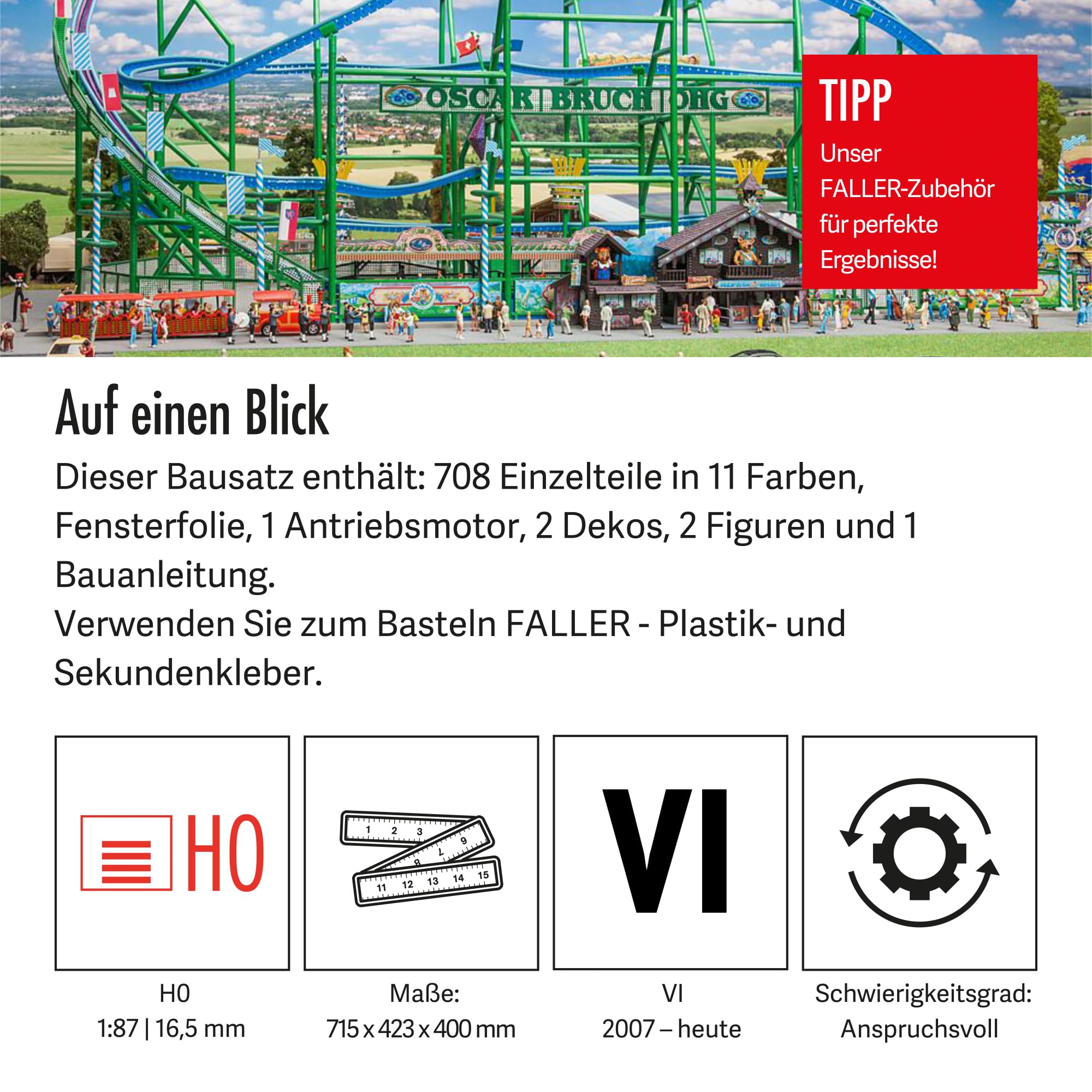 Faller Achterbahn Alpina-Bahn Modellbausatz mit 708 Einzelteilen 715 x 423 x 400 mm I Modelleisenbahn Zubehör H0 I Modelleisenbahn H0 Stahlachterbahn, Verschieden