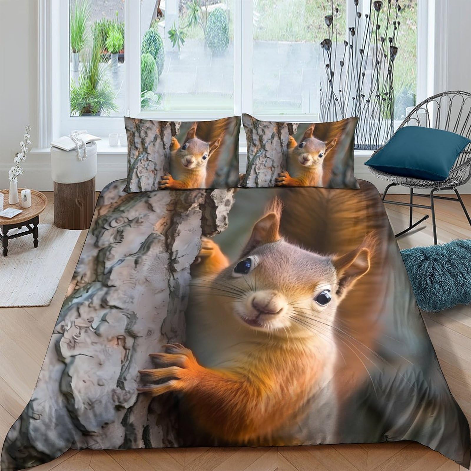 GPLZQXKJNH 3D Printed Squirrel Tree Duvet Cover Microfiber Soft Breathable Forest Bedding Set with 2 Pillowcases for Bedroom Decor Single（135x200cm）