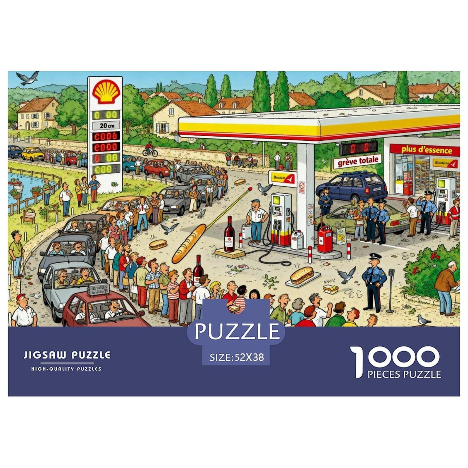 French Gas Station Strike Wooden Jigsaw Puzzle Waterproof 1000 Piece Puzzles for Adults Gifts Challenging And Brainteasing Games